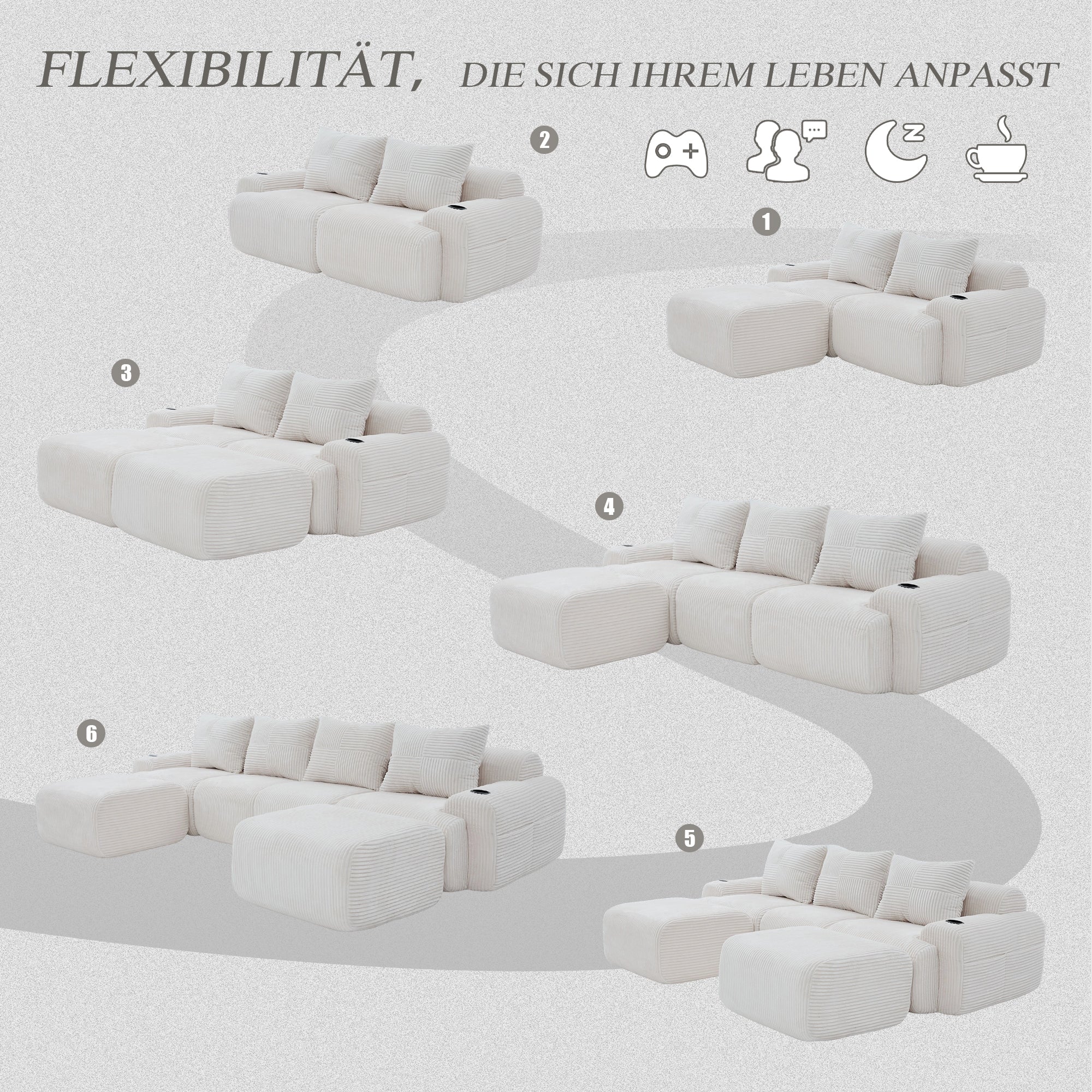Modular Corduroy Sofa, 4-Seater with 2 Ottomans, Cup Holders and Storage, Beige