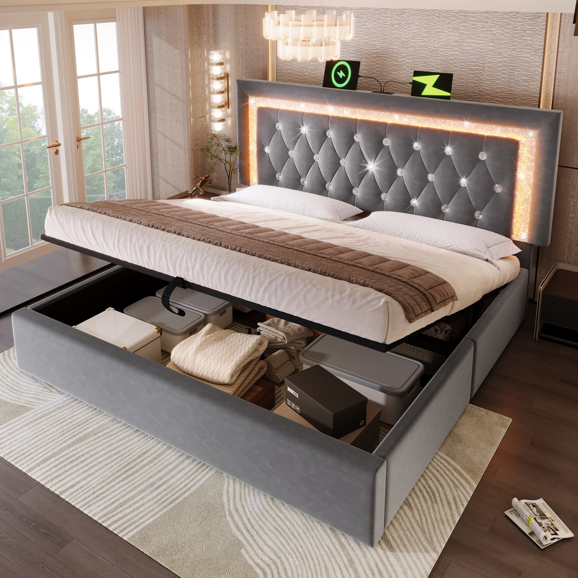 Upholstered Double Bed 140x200cm Hydraulic Storage LED Headboard USB/Type-C Velvet Grey