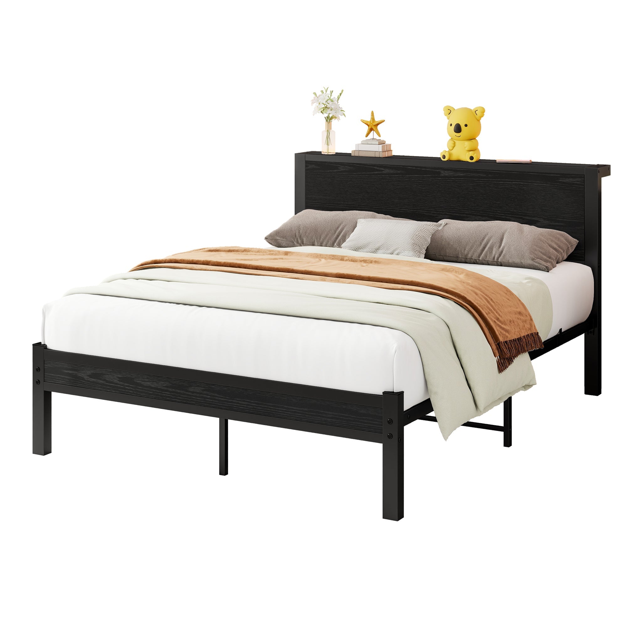 Metal Bed Frame 140x200cm Storage Headboard Noiseless - Black