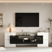 TV Cabinet Low Panel 200 cm LED Lighting High-Gloss White/Black with Glass Surface