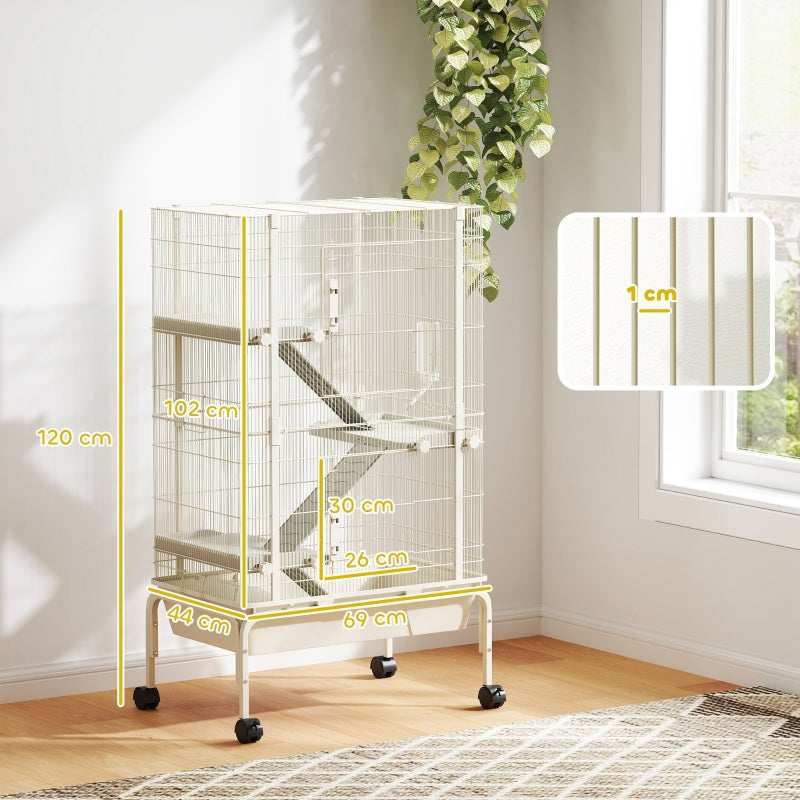 Kleintierkäfig, 4 Ebenen mit Futternapf und Trinkflasche, Beige