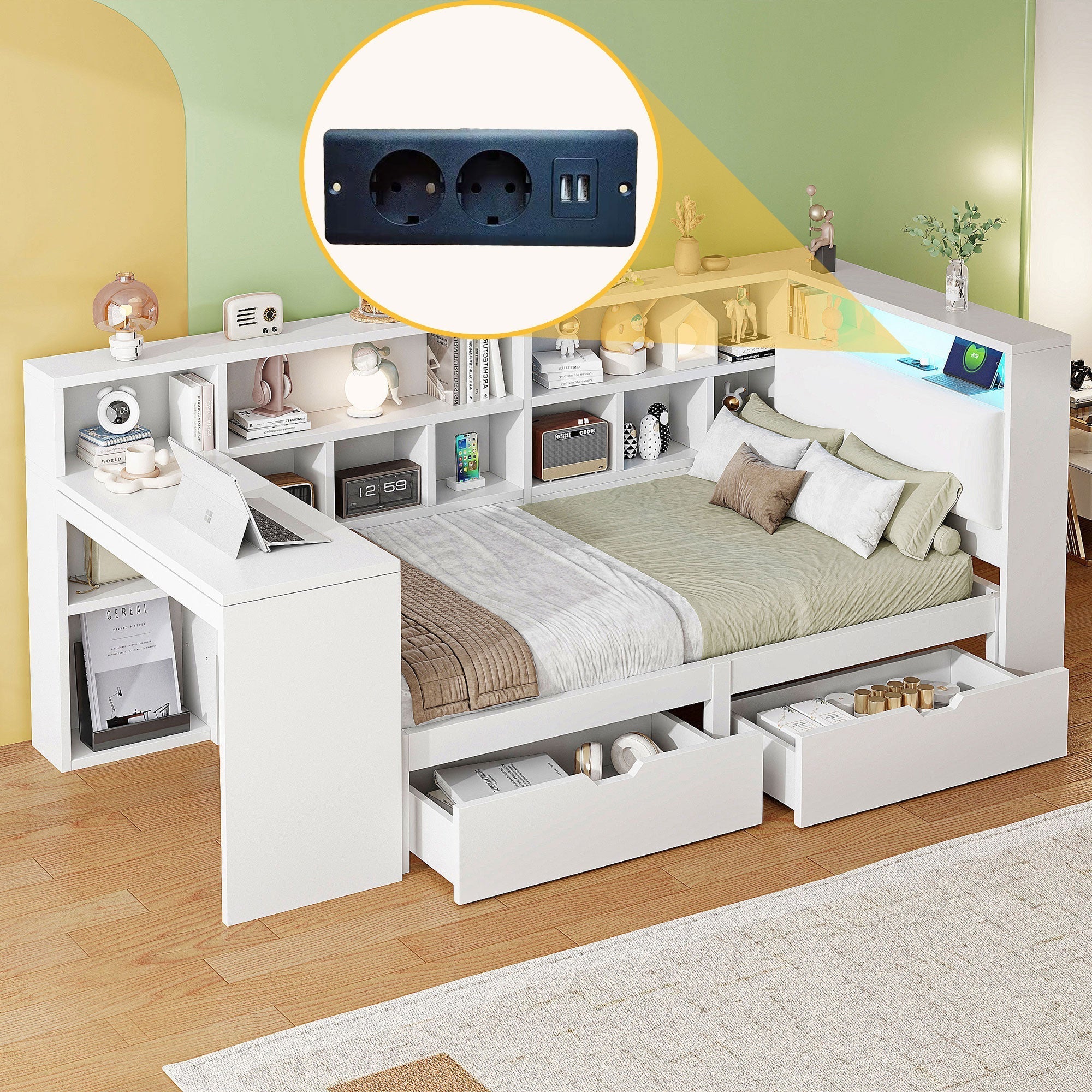 L-Shaped Platform Bed 90x200 Desk Bookshelf Drawers LED - White