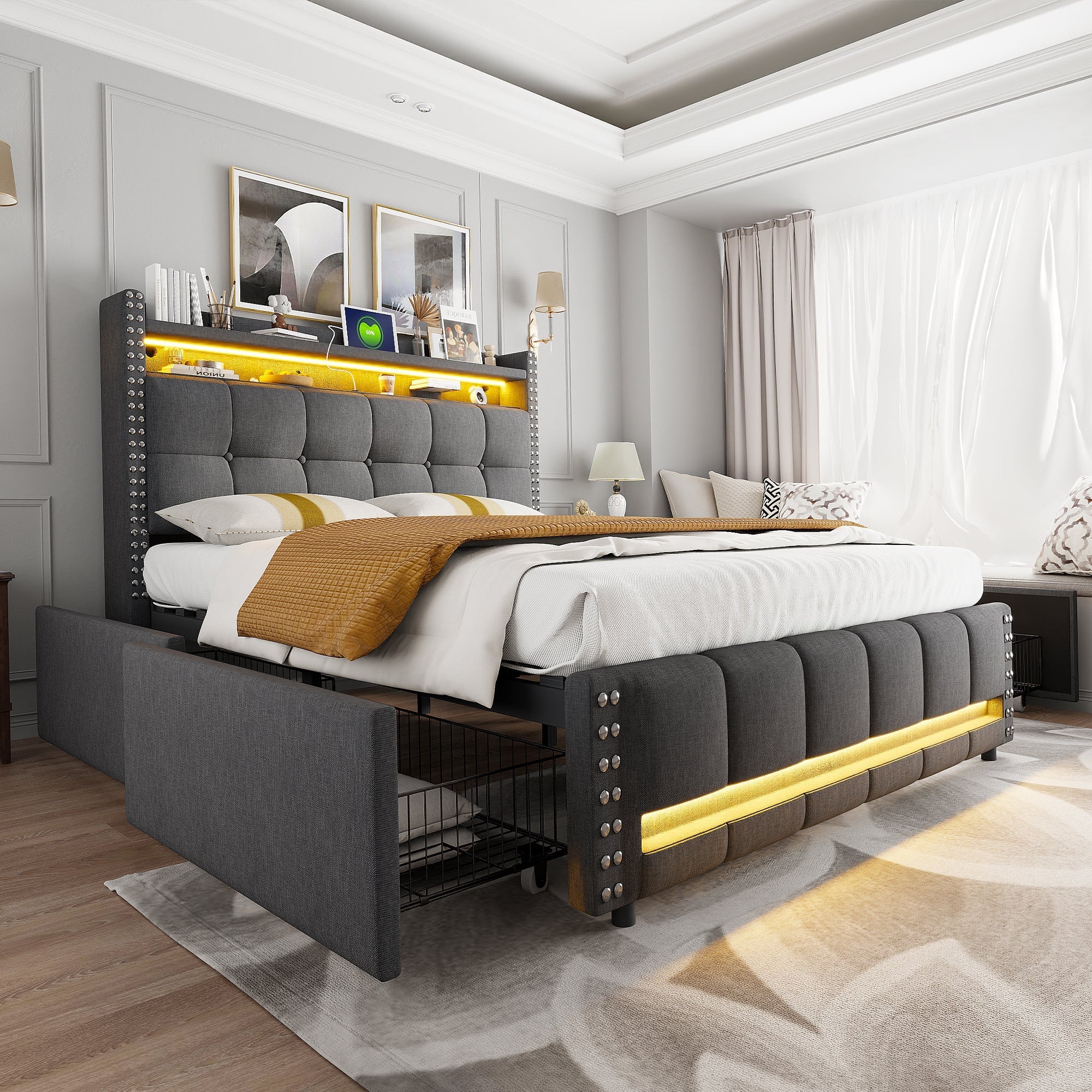 Upholstered Bed with LED, USB, Shelves & 4 Drawers, Gray Linen