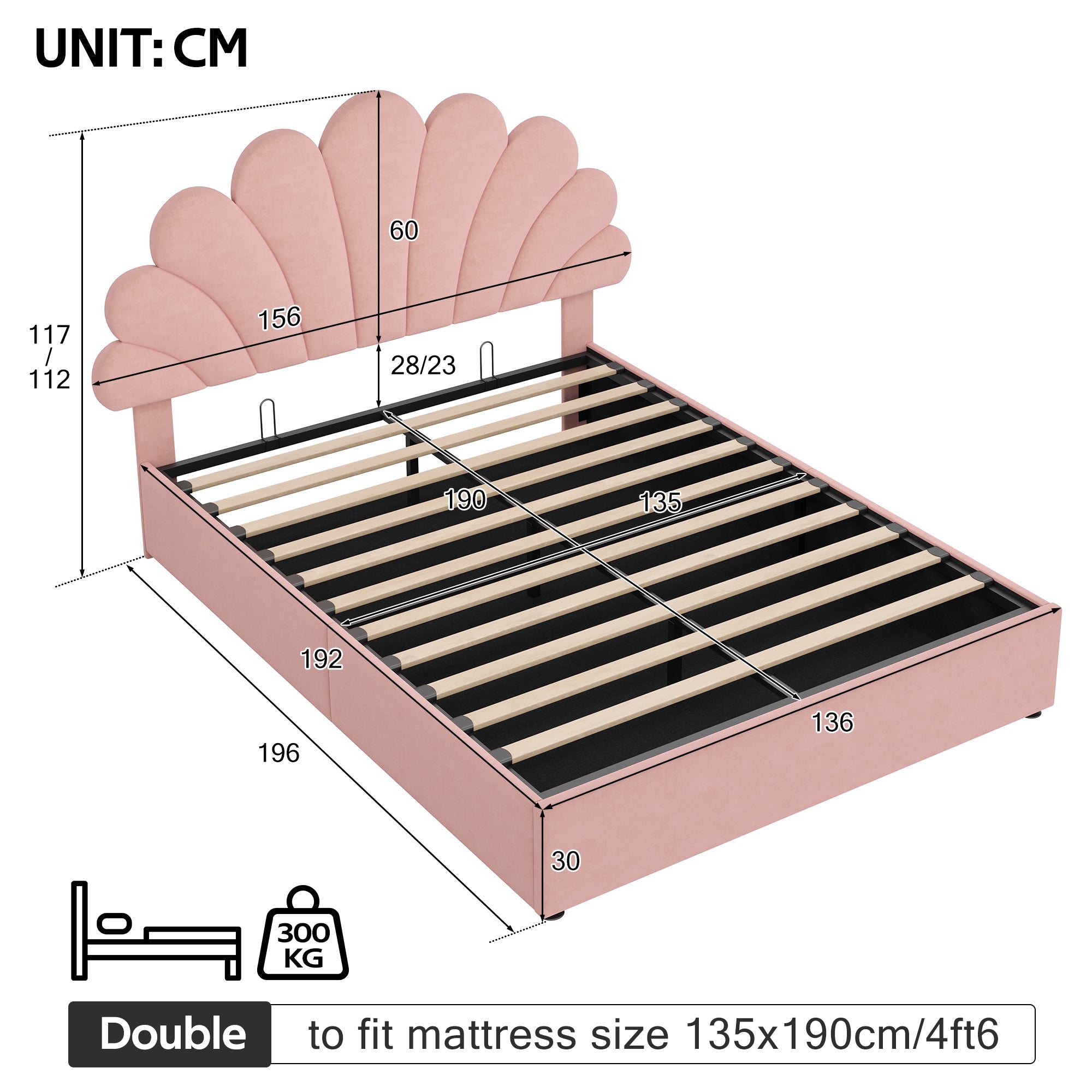 4ft6 Double Upholstered Hydraulic Bed with Adjustable Petal Headboard, Solid Wood Slat, Pink Velvet
