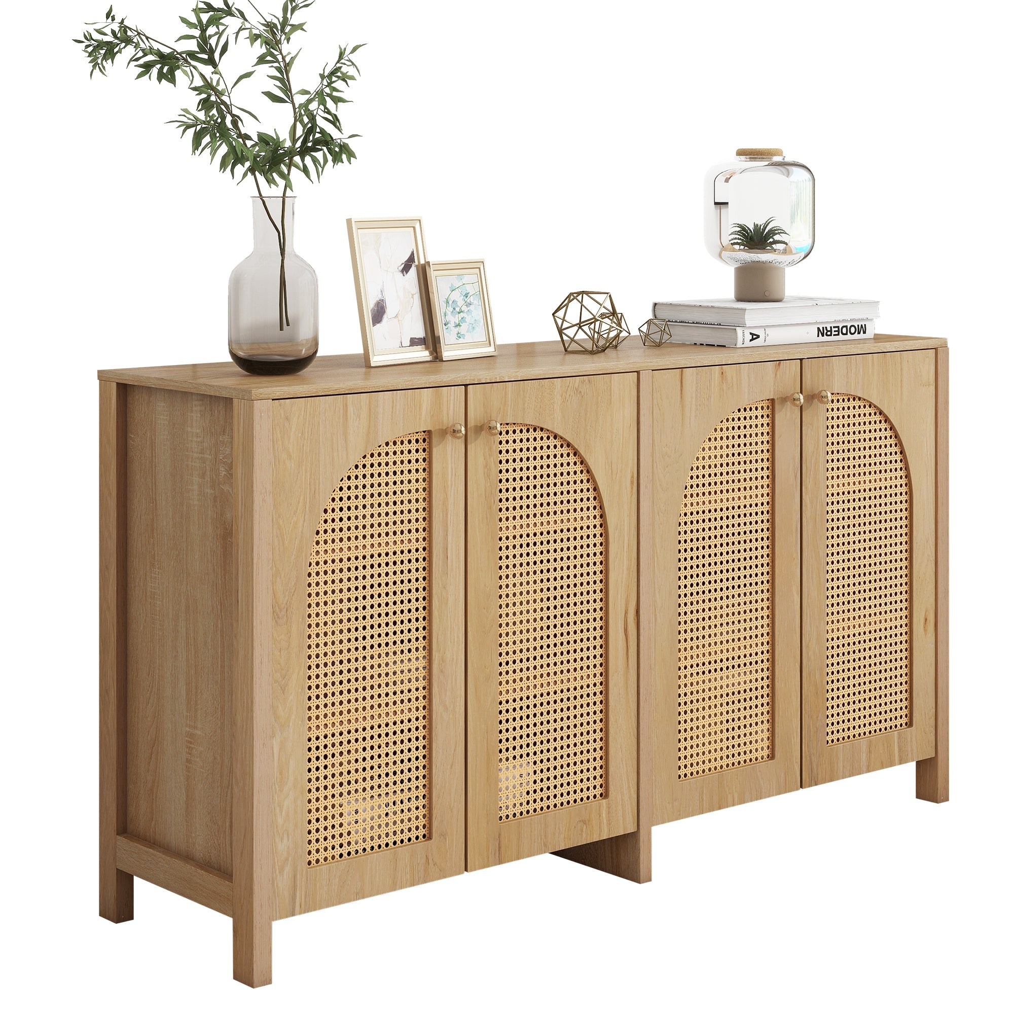 Sideboard, Minimalist with 4 Rattan Doors & Metal Handles, Natural Wood