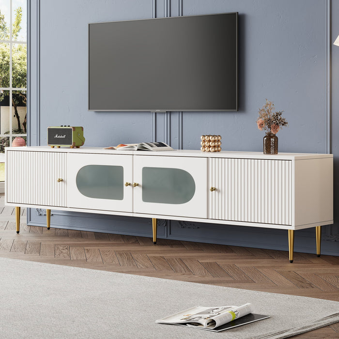 TV Cabinet 170x35x50cm, Golden Legs & Handles, Curved Glass, White