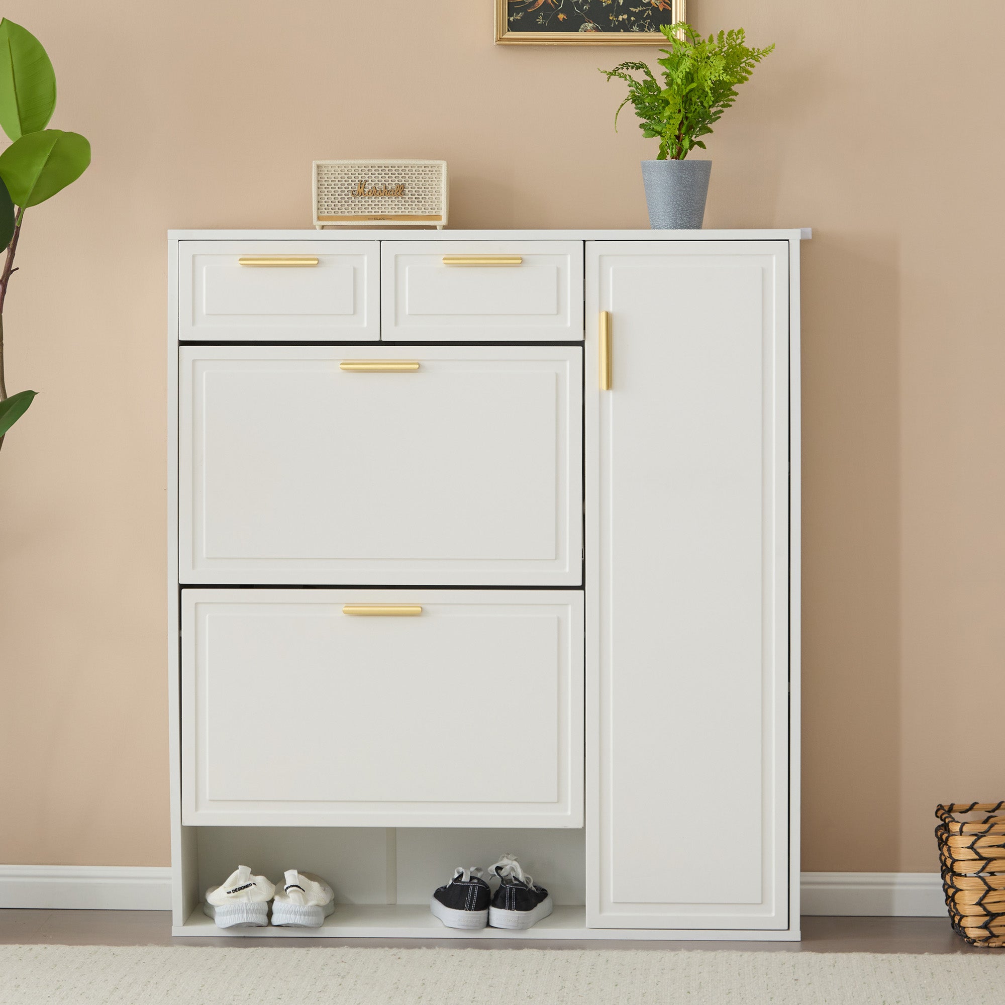 Modern Shoe Cabinet, adjustable shelves, gold handles, drawers, folding, white