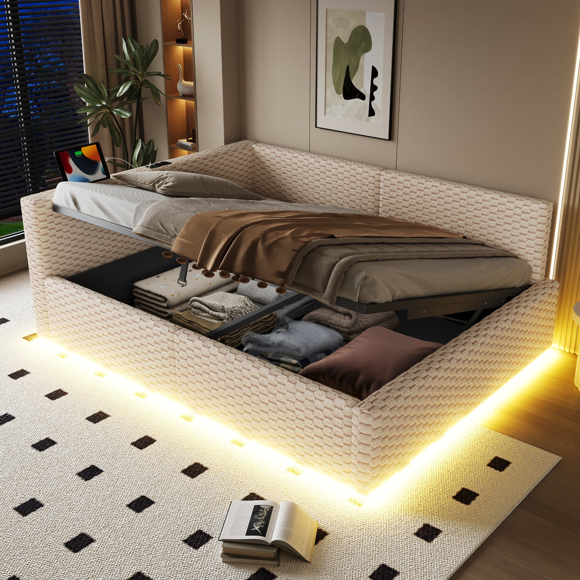 Upholstered Bed 140x200cm with LED, USB, L-Shaped Backrest and Hydraulic Frame, Beige Velvet