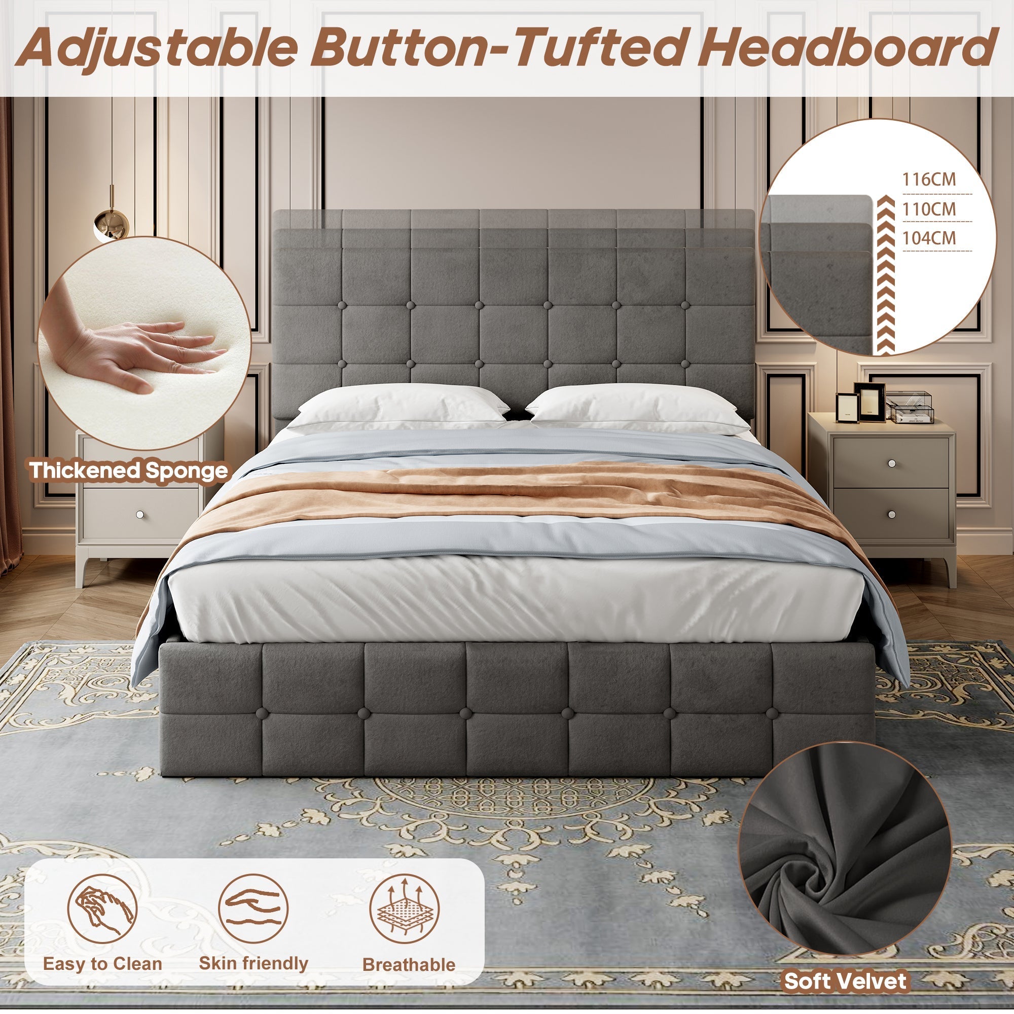 4ft6 Double Upholstered Storage Bed Frame, Velvet Ottoman Bed with Hydraulic Storage, Adjustable Button Tufted Headboard, Grey