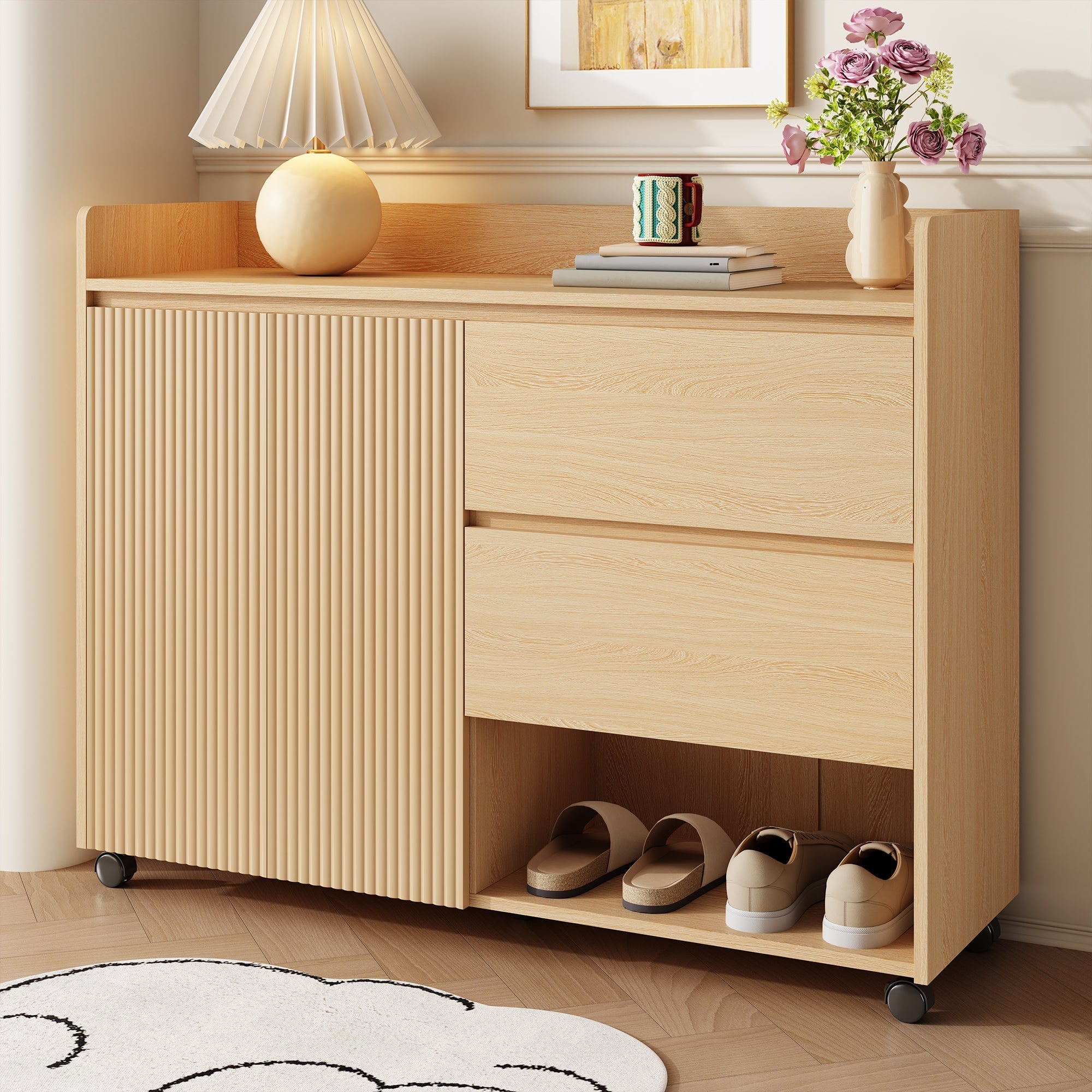 Shoe Cabinet, Movable with Adjustable Shelves, Soft-Closing Hinge, Natural MDF