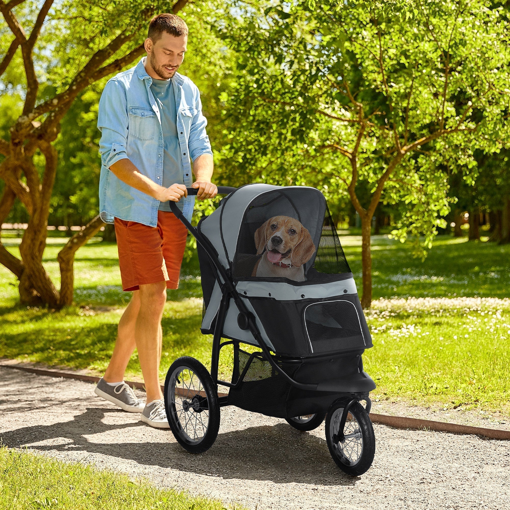 Dog Buggy Foldable, Reflectors, Storage Basket, Sunshade, Mesh Window, Oxford Grey
