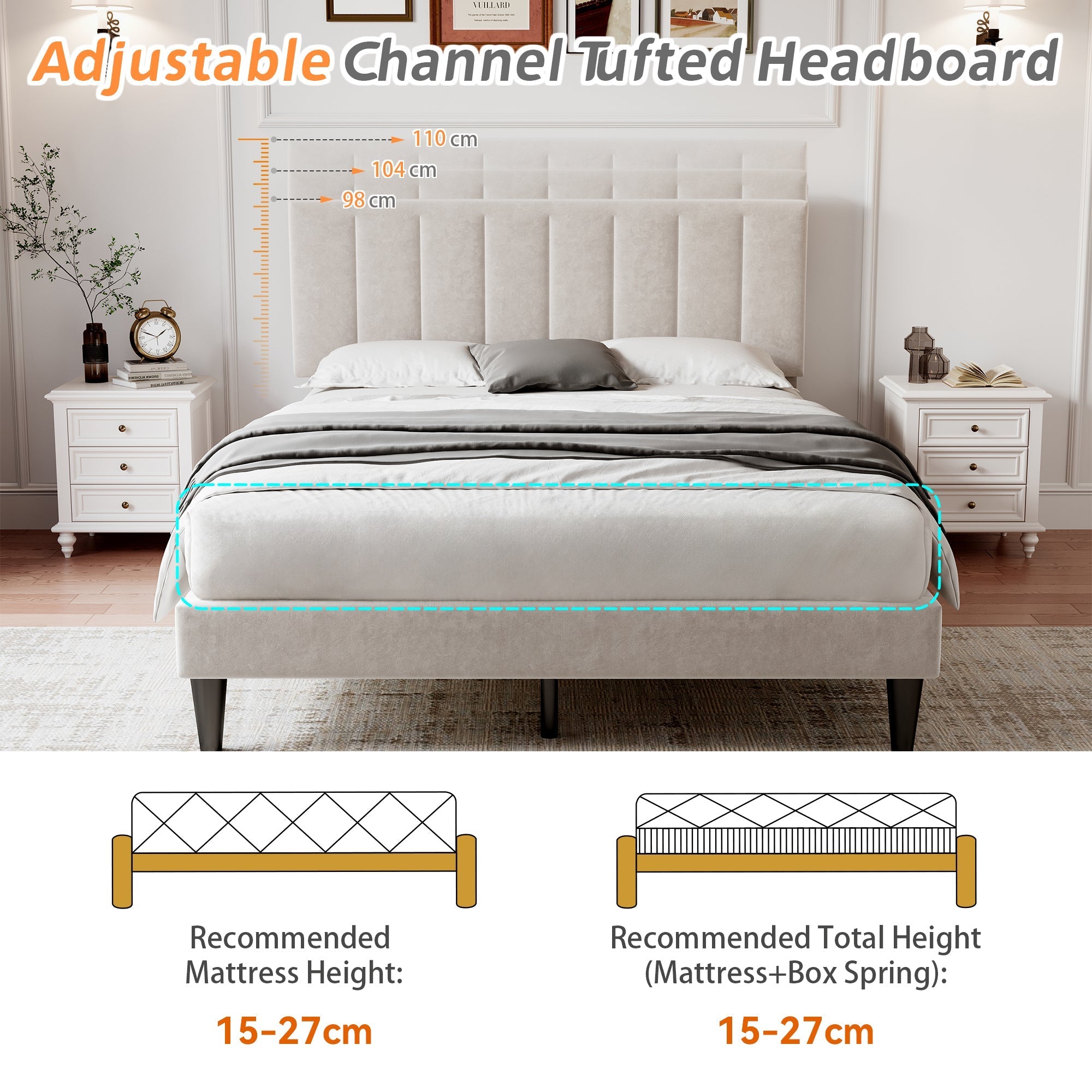 4ft6 Double Upholstered Velvet Bed Frame, Adjustable Channel Tufted Headboard, Solid Wood Slat, Mute Foam, Beige