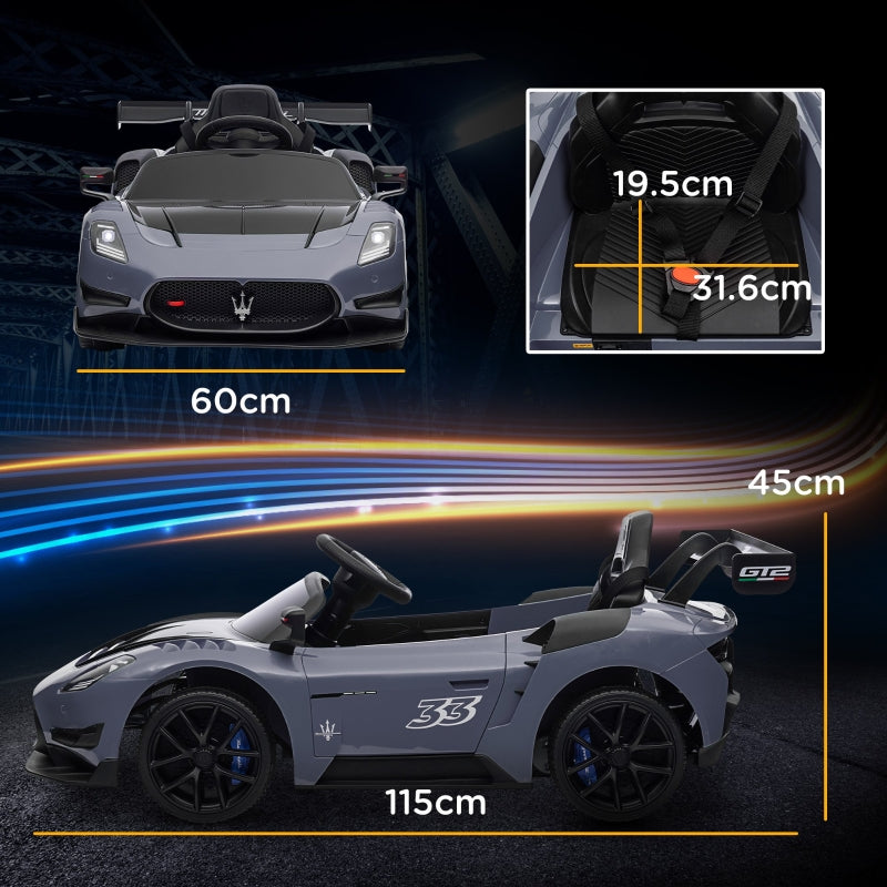 Maserati GT2 Licensed 12V Electric Ride On Car with Suspension Wheels, Remote Control, Music, Horn, Lights, Grey
