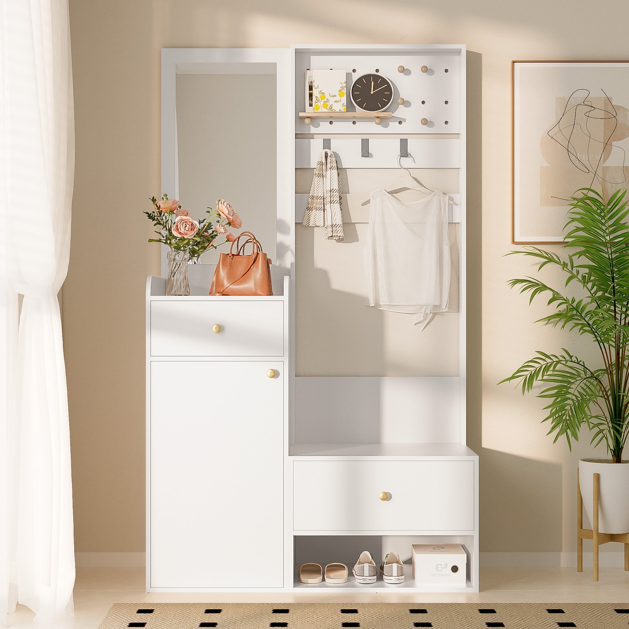 Compact Wardrobe, Entryway Shelf with Mirror, Adjustable Hooks, Shelves, 105 cm, White