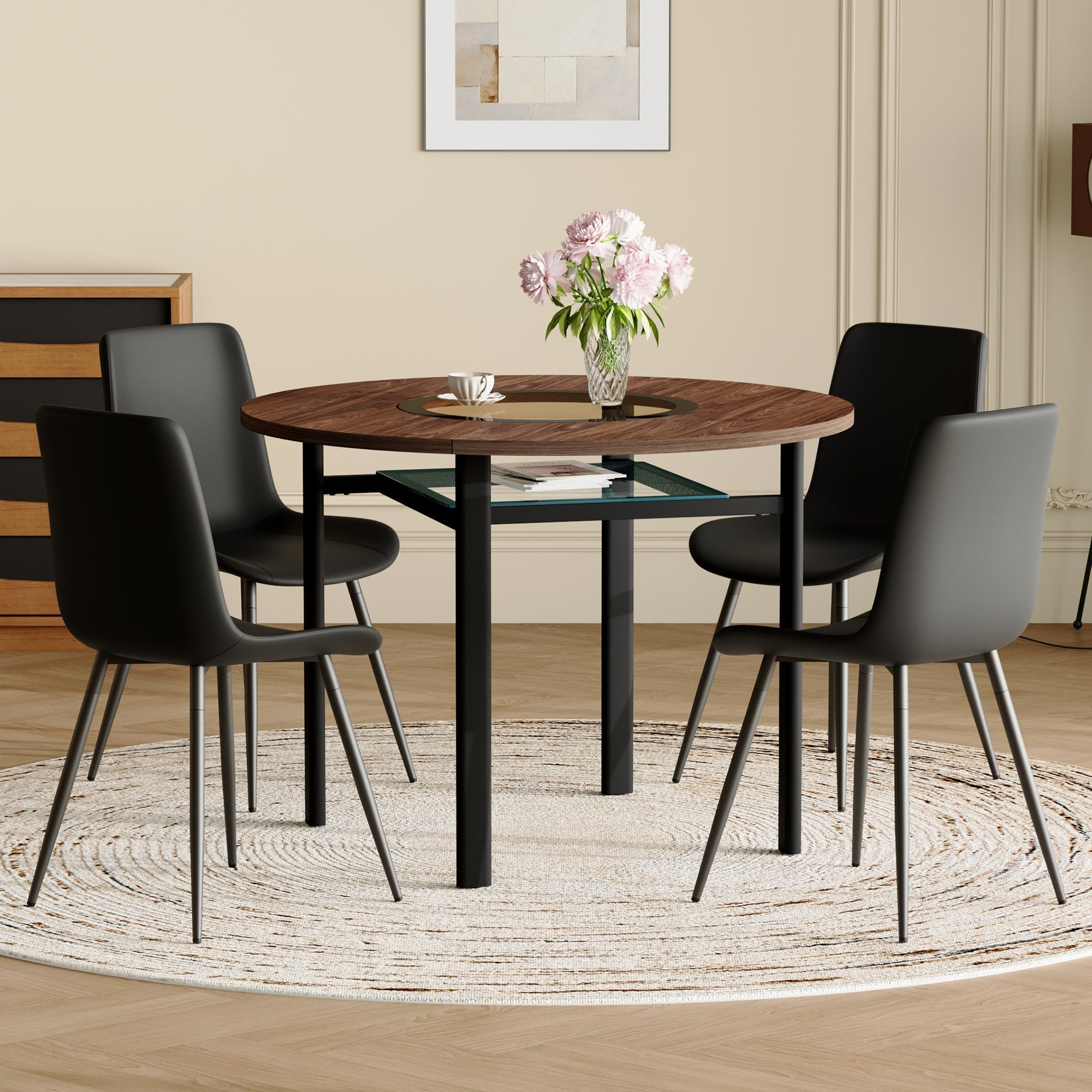 Round Dining Set 100cm Integrated Storage 4 Chairs - Brown Wood Look/Black PU