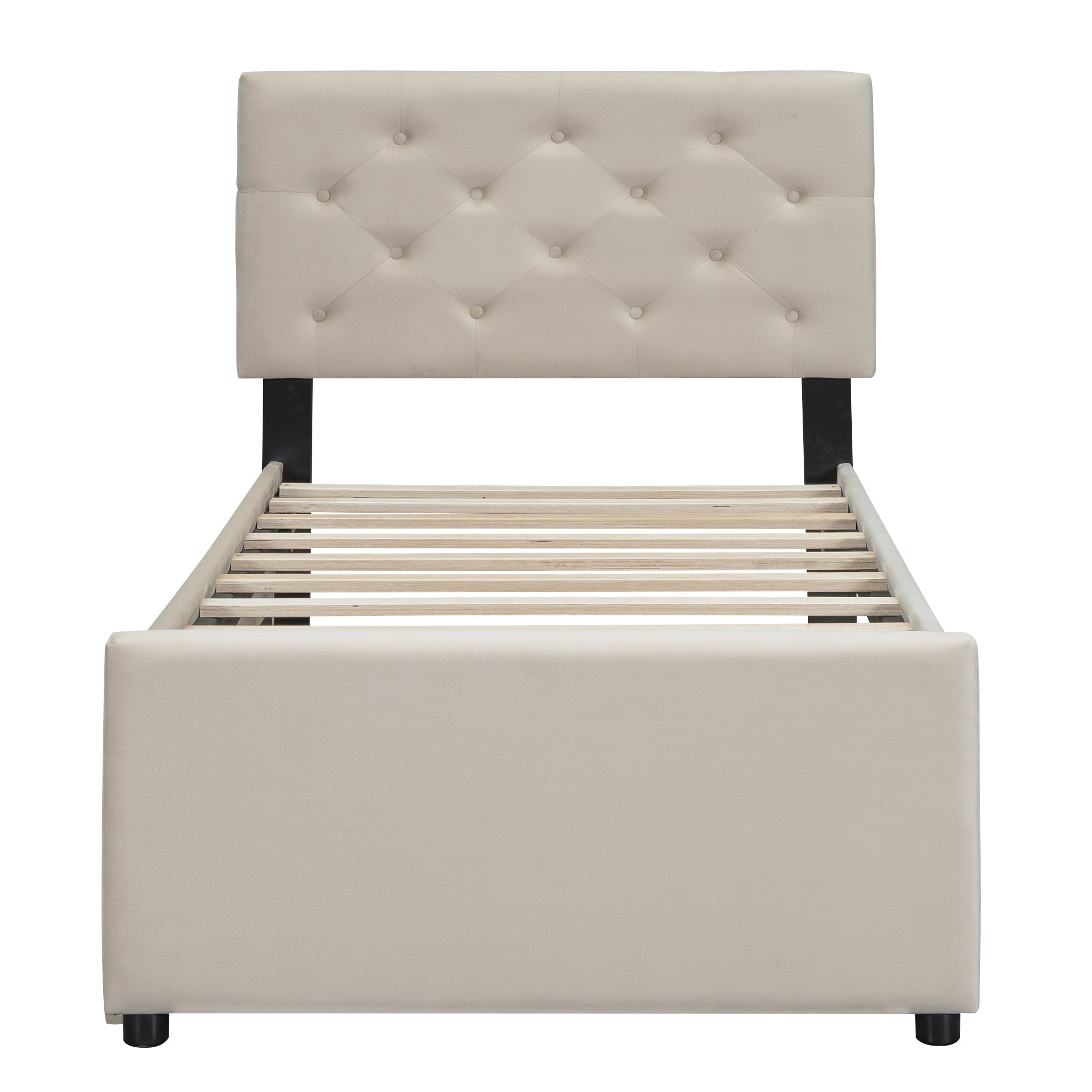 Upholstered Bed with Slatted Base and Rolling Storage, 90x200cm, Beige Velvet