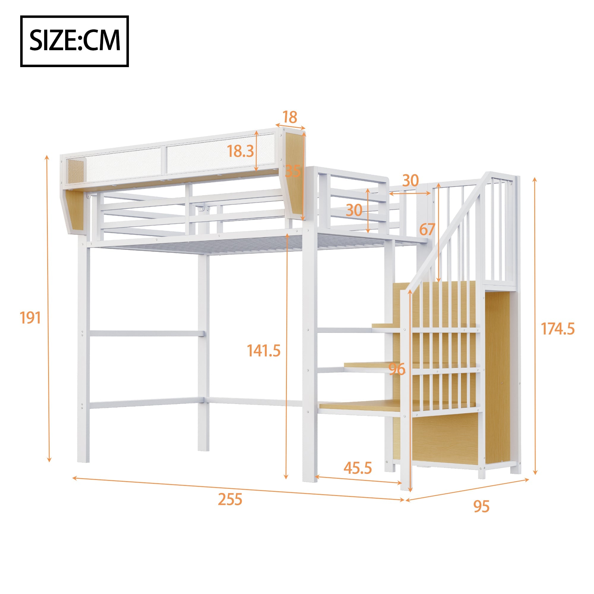 Loft Bed with Safety Ladder and Flexible Storage, 90x200cm, White Metal