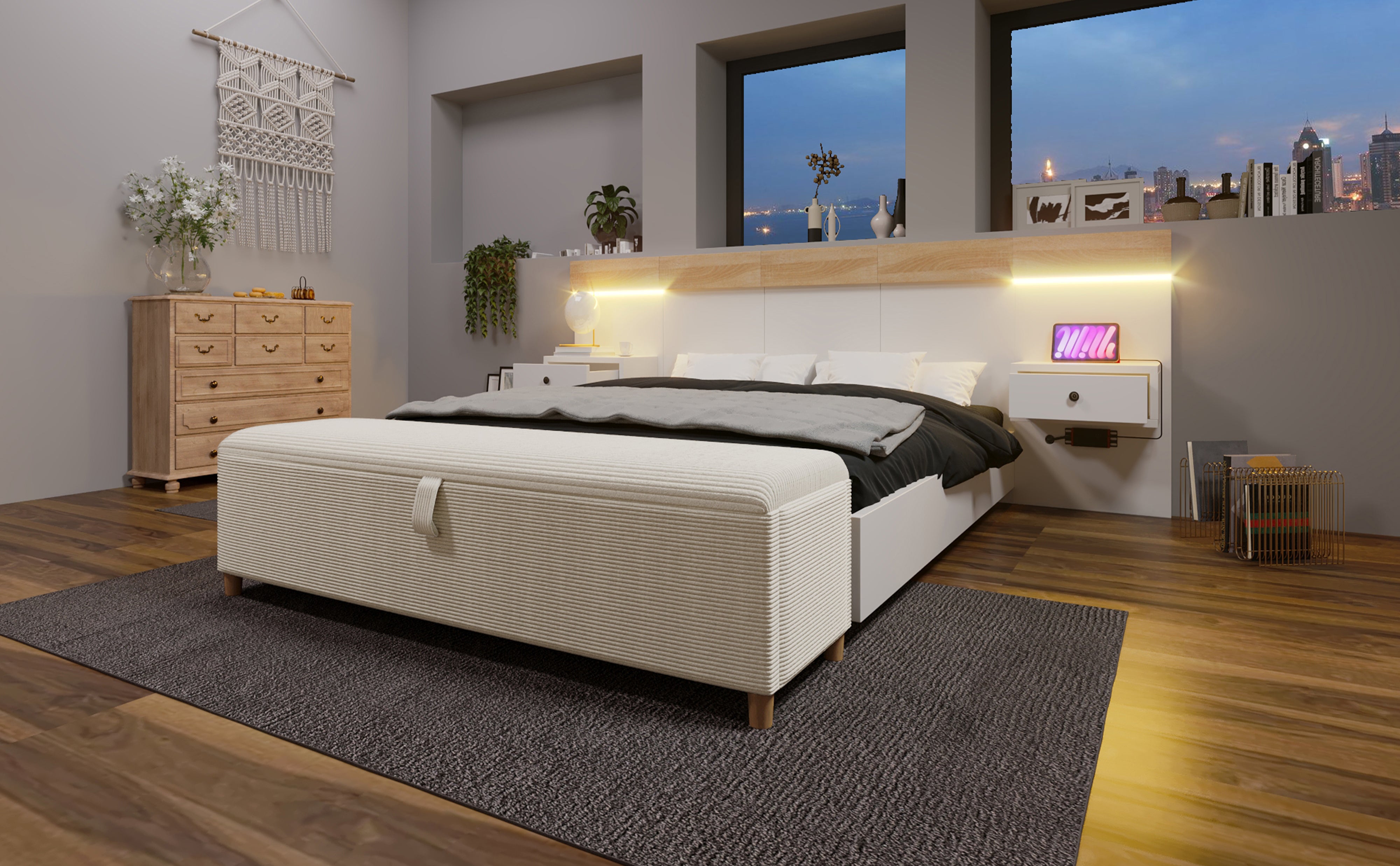 Double Bed Set 140x200cm, LED Bedside Tables, USB-C, Hydraulic Storage Bench, Sonoma Oak/White/Beige Corduroy