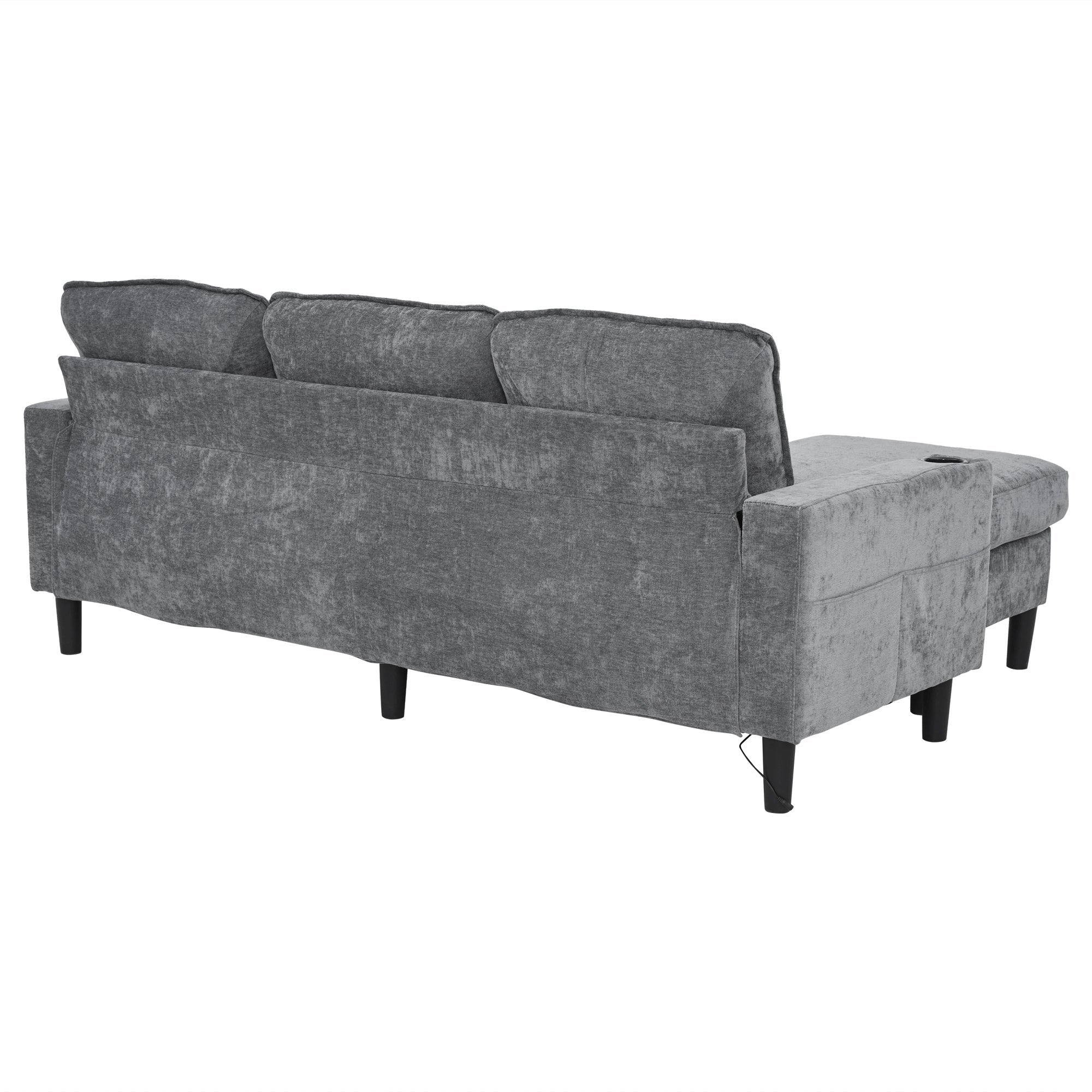 L-shaped Sleeper Sofa 3-Seater USB Type-C Cup Holders, Grey Linen
