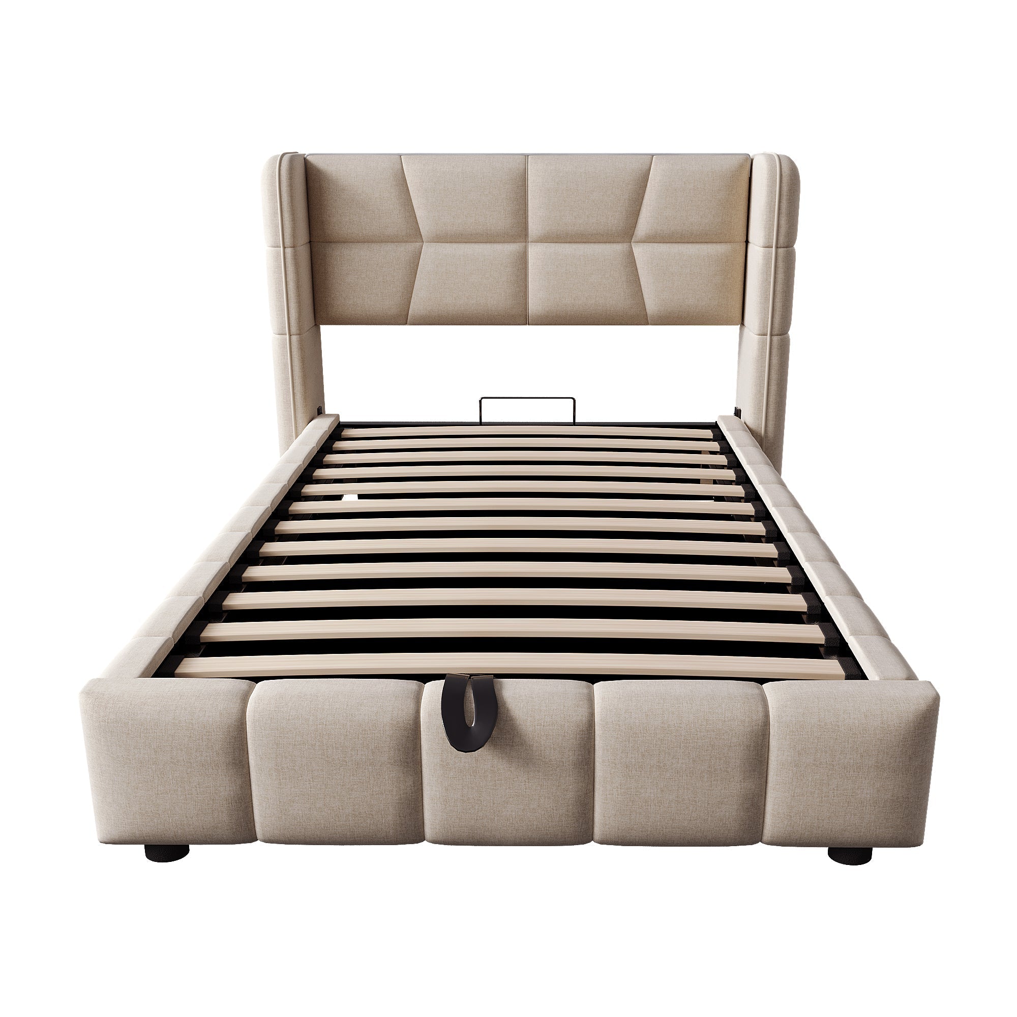 Upholstered Bed with Pneumatic Storage System and Headboard, 90 x 200 cm, Beige Linen