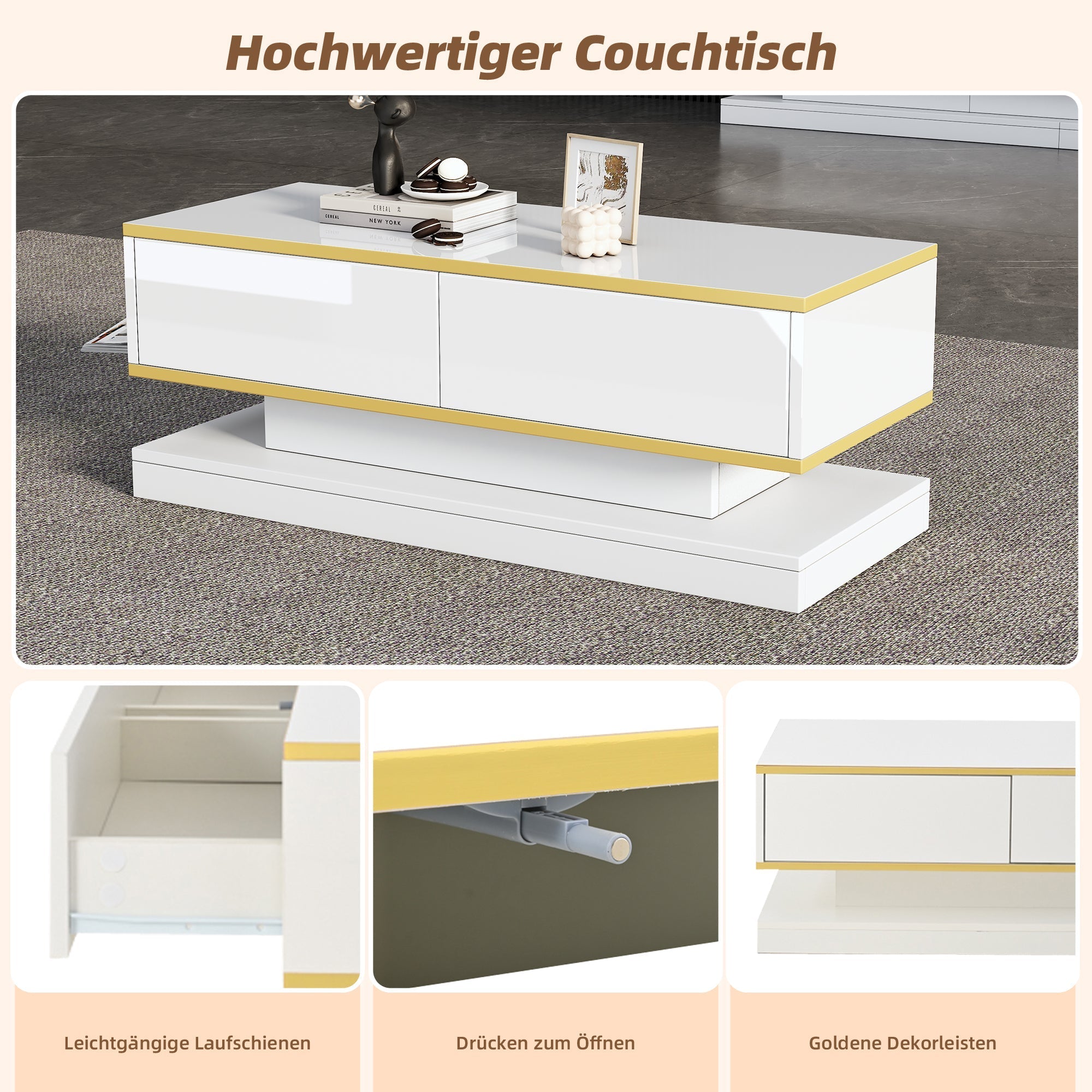 Coffee Table 100x50x38cm High Gloss with 2 Drawers, Warm White and Gold Edge