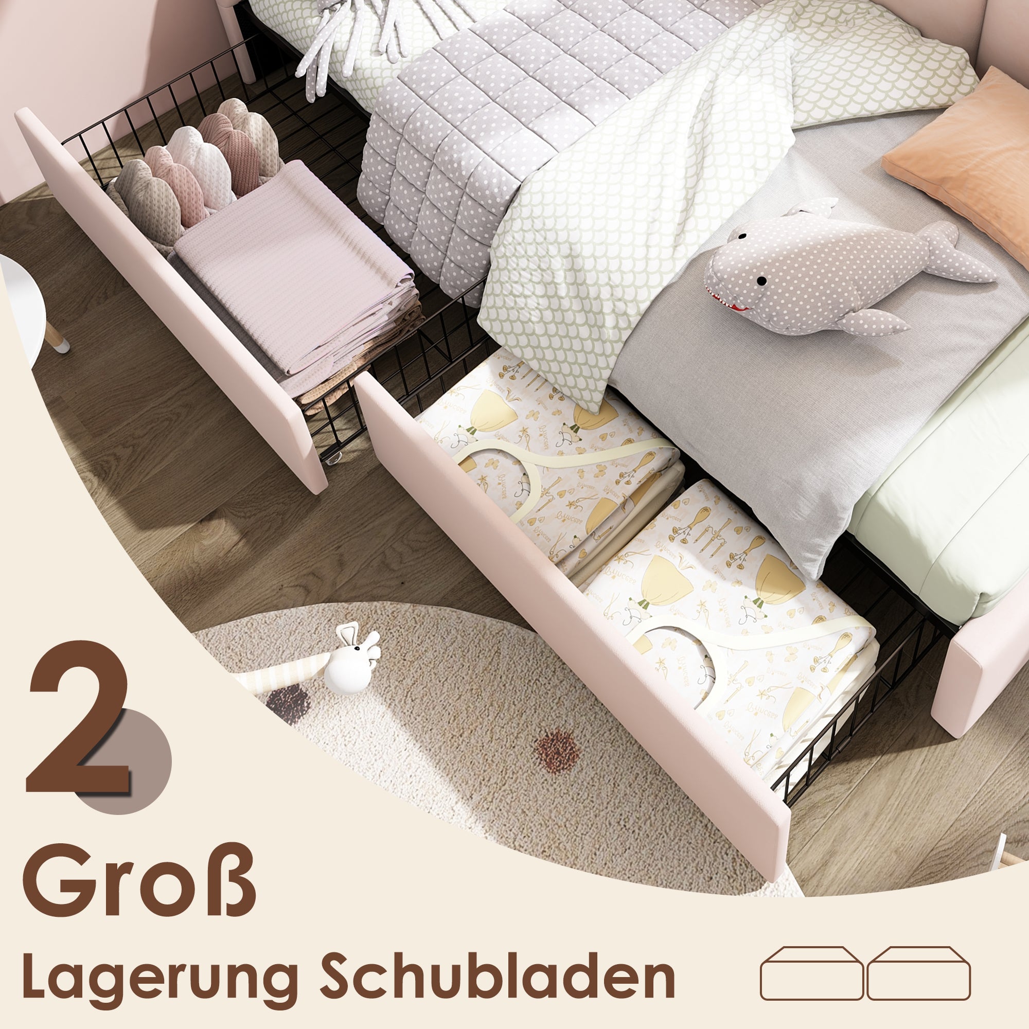 Upholstered Bed, Single with Drawers, Daybed, 90x190cm, Pink Velvet