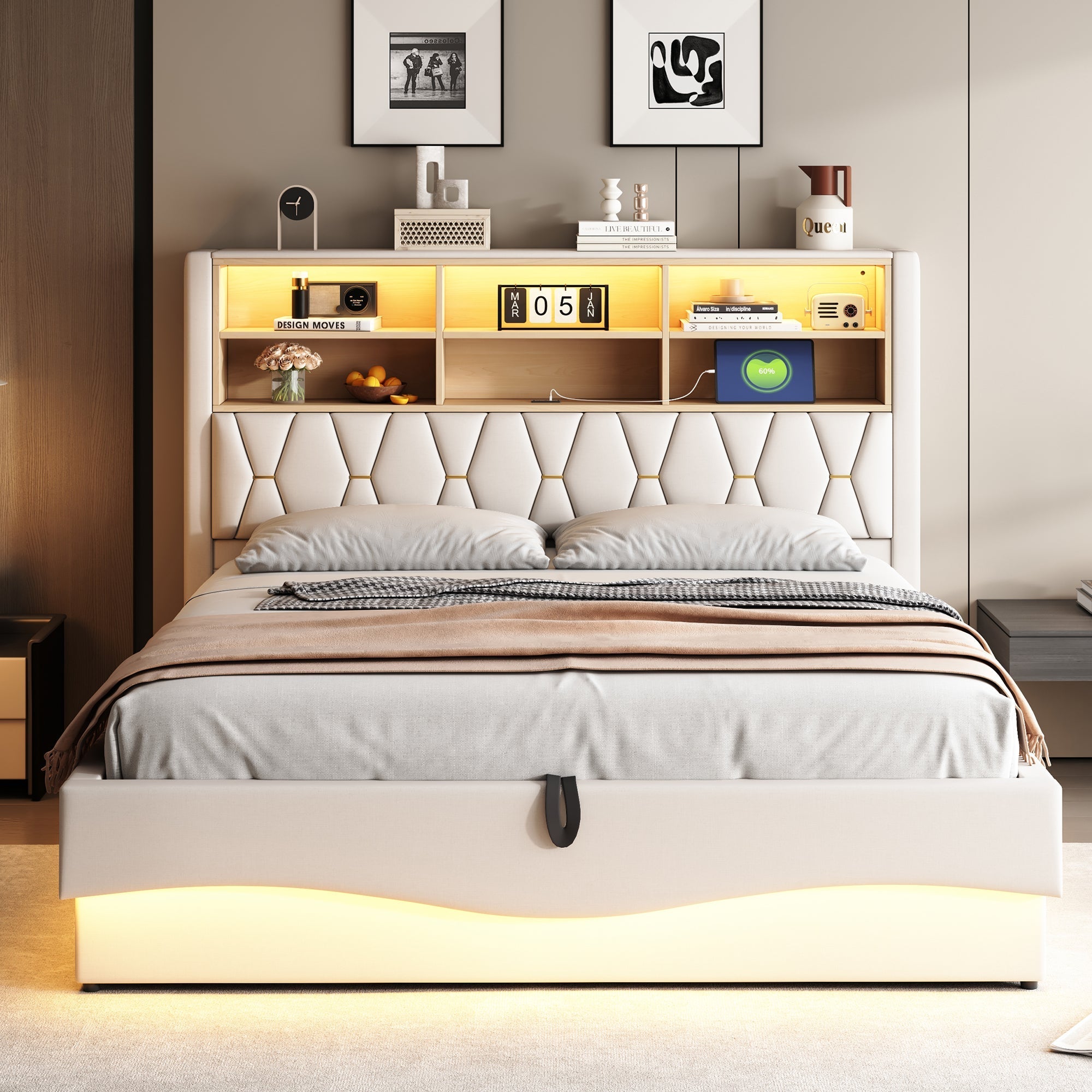 Upholstered Bed 180x200 Hydraulic Storage LED/USB Linen Beige
