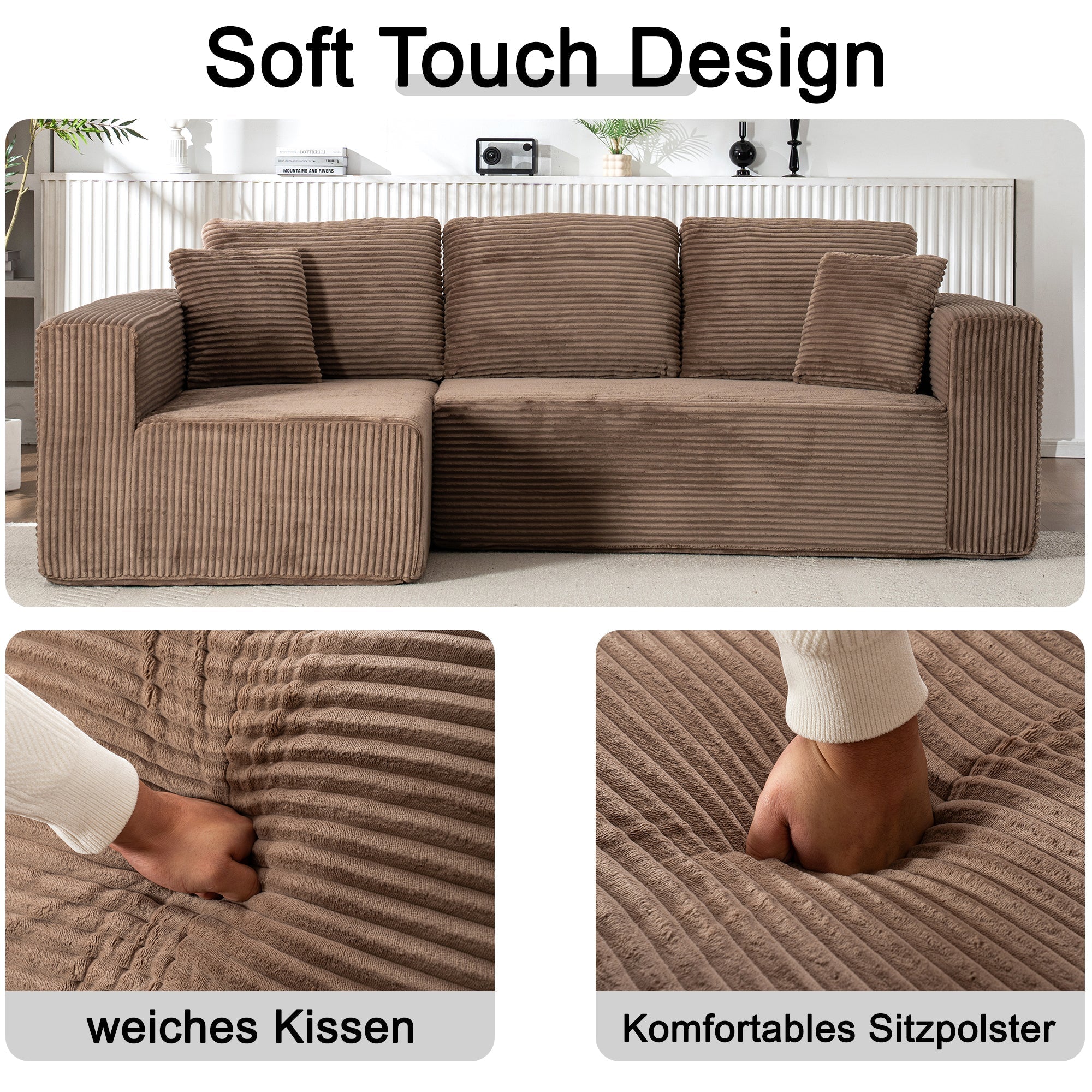 L-Shaped Cloud Sofa, Modern Modular Chaise Lounge with Armchair, No Assembly Required, Core Fabric