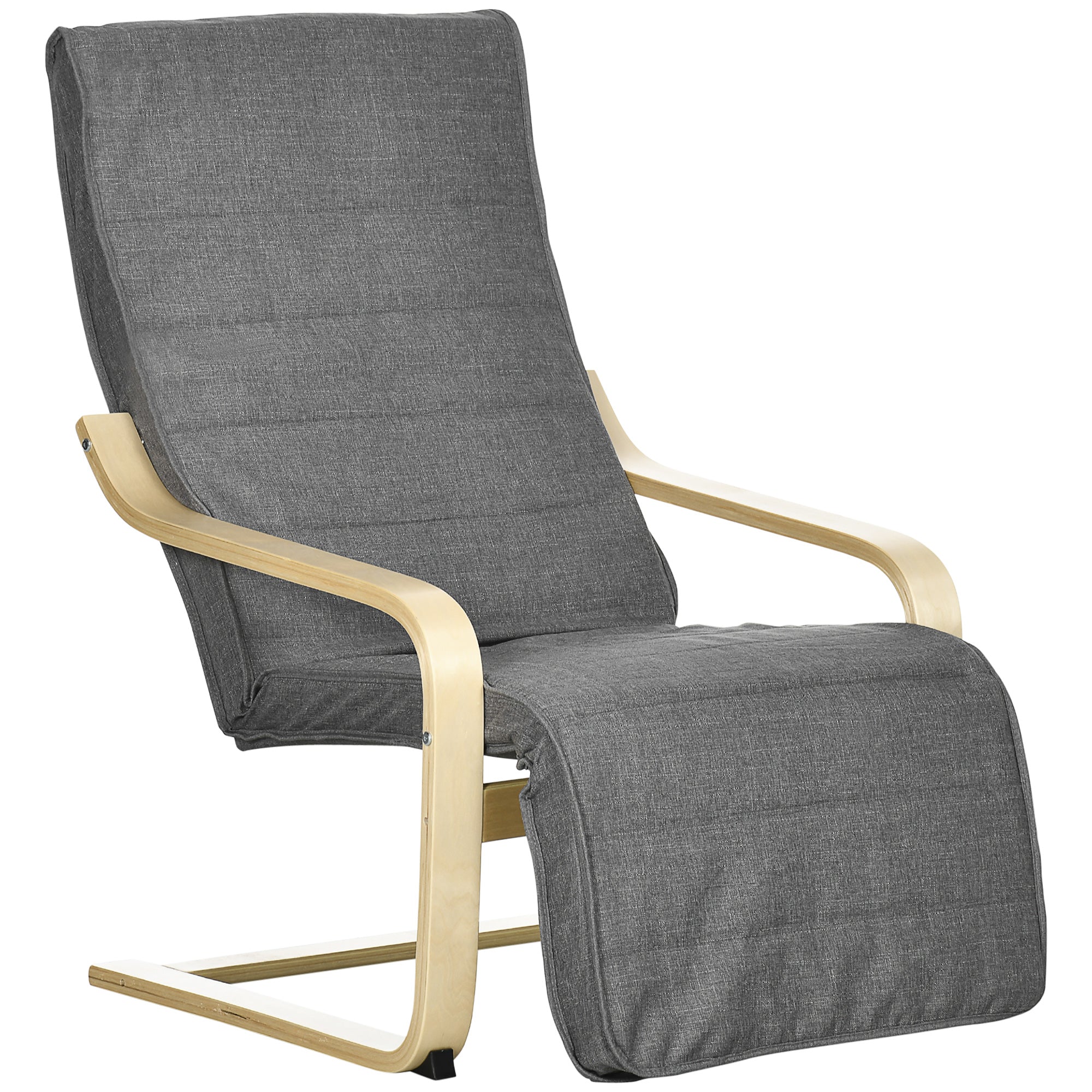 Wooden Lounging Chair Recliner with Adjustable Footrest & Removable Cushion, Dark Grey