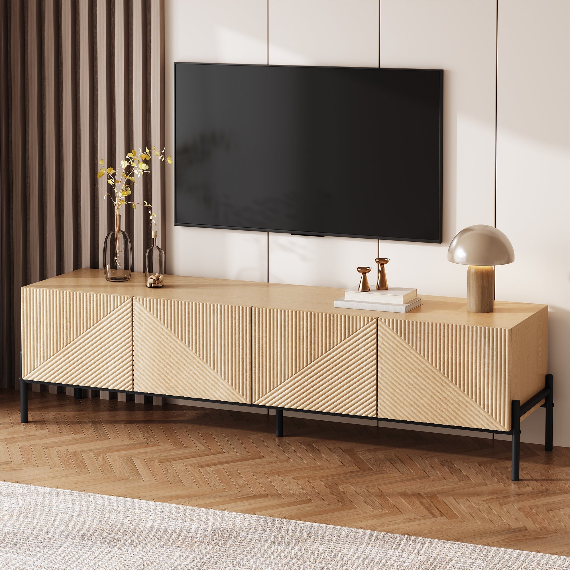 Modern TV Cabinet with 4-Door Storage and 3D Geometric Design, 160cm, Wood and Metal