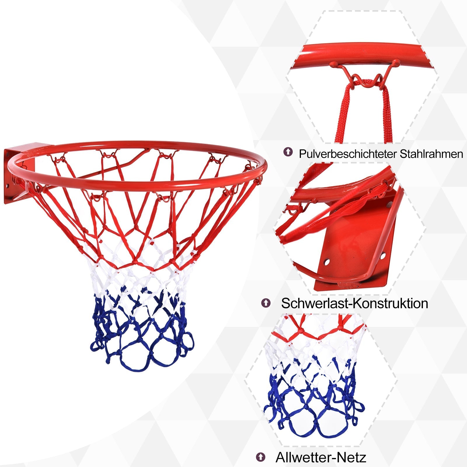 Basketball hoop net 46 cm, steel tube & nylon, red blue white