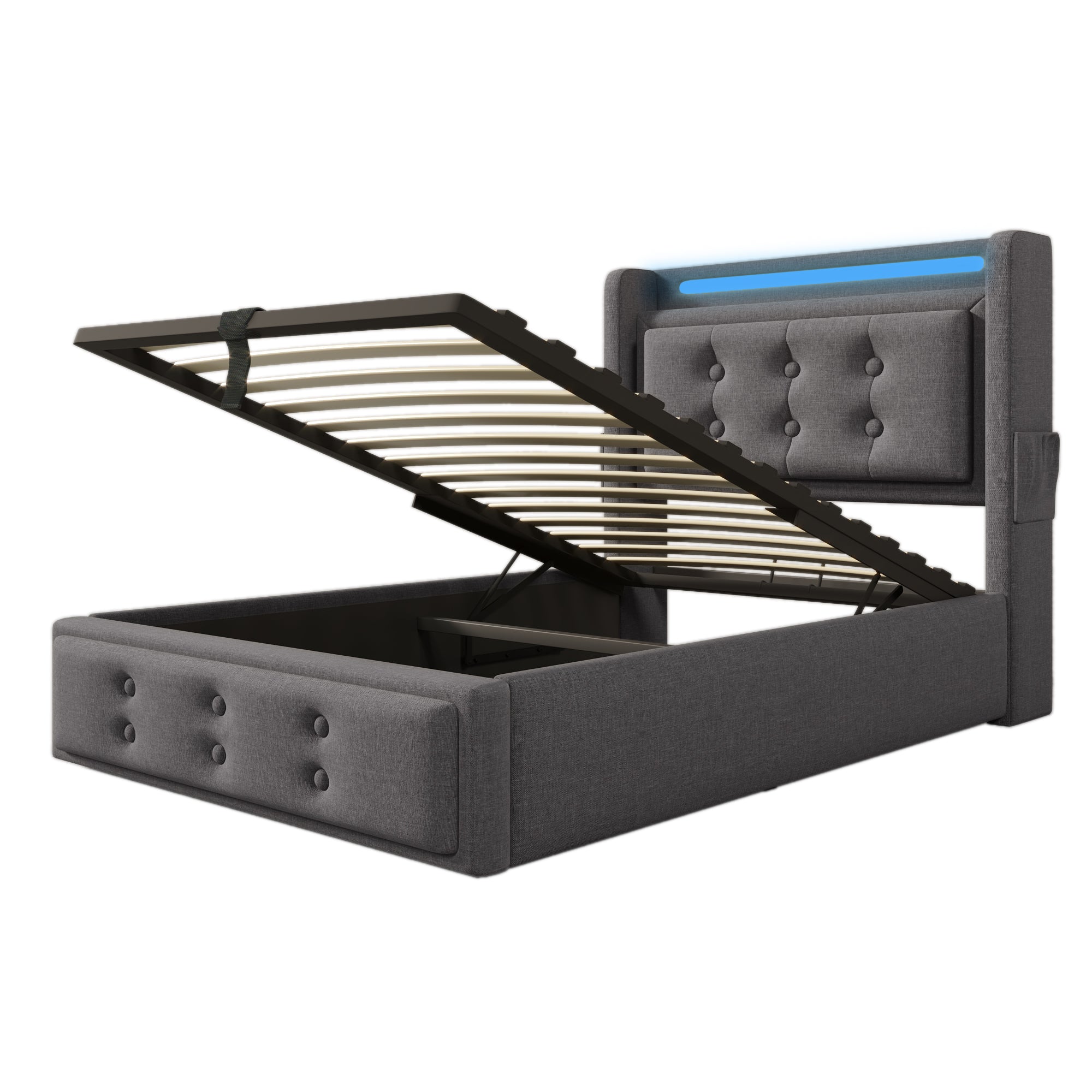 Upholstered Bed 90x200 Single Hydraulic LED/USB-C Grey Cotton
