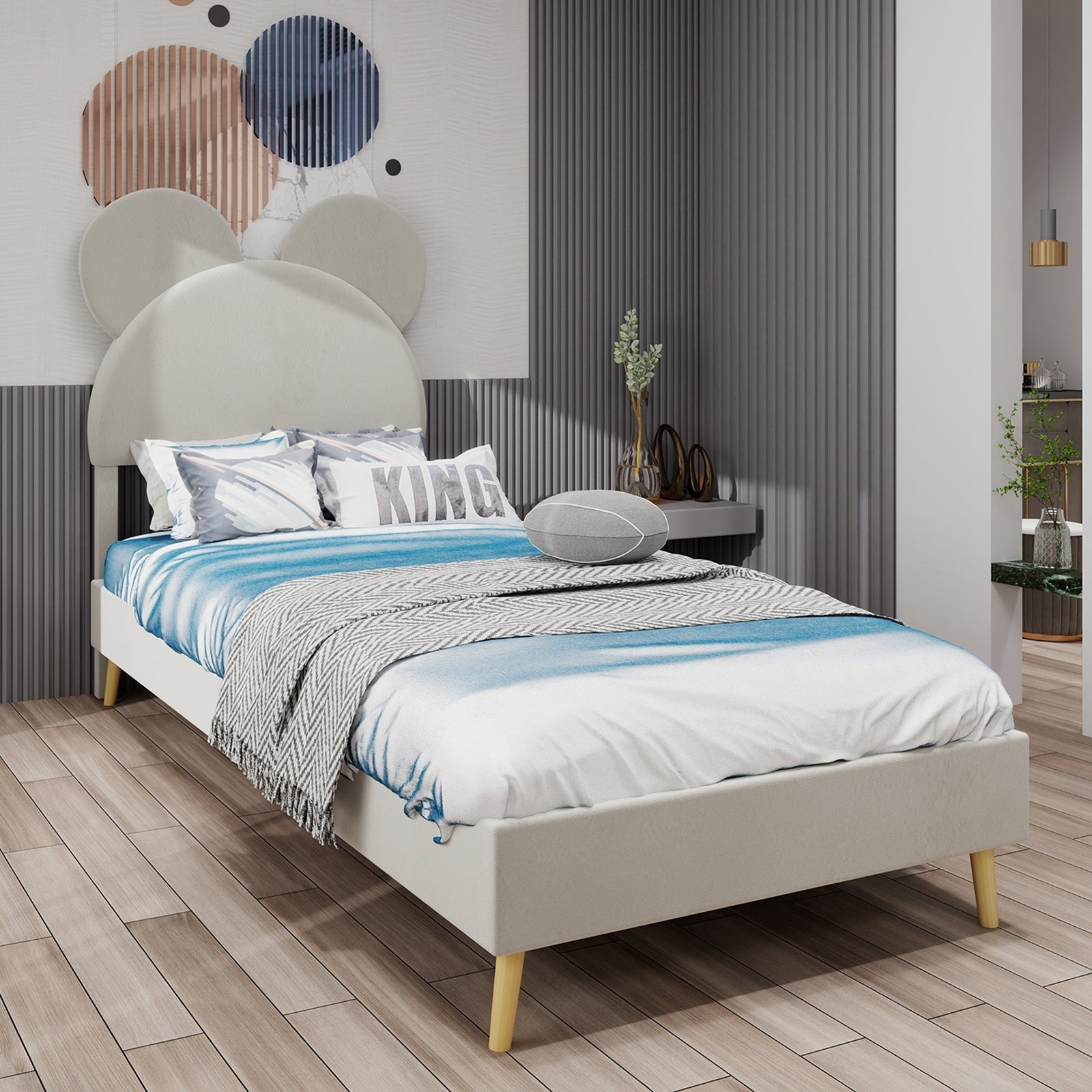 Upholstered Bed, Modern Minimalist Cartoon-Themed Headboard, 90x200 cm, Beige