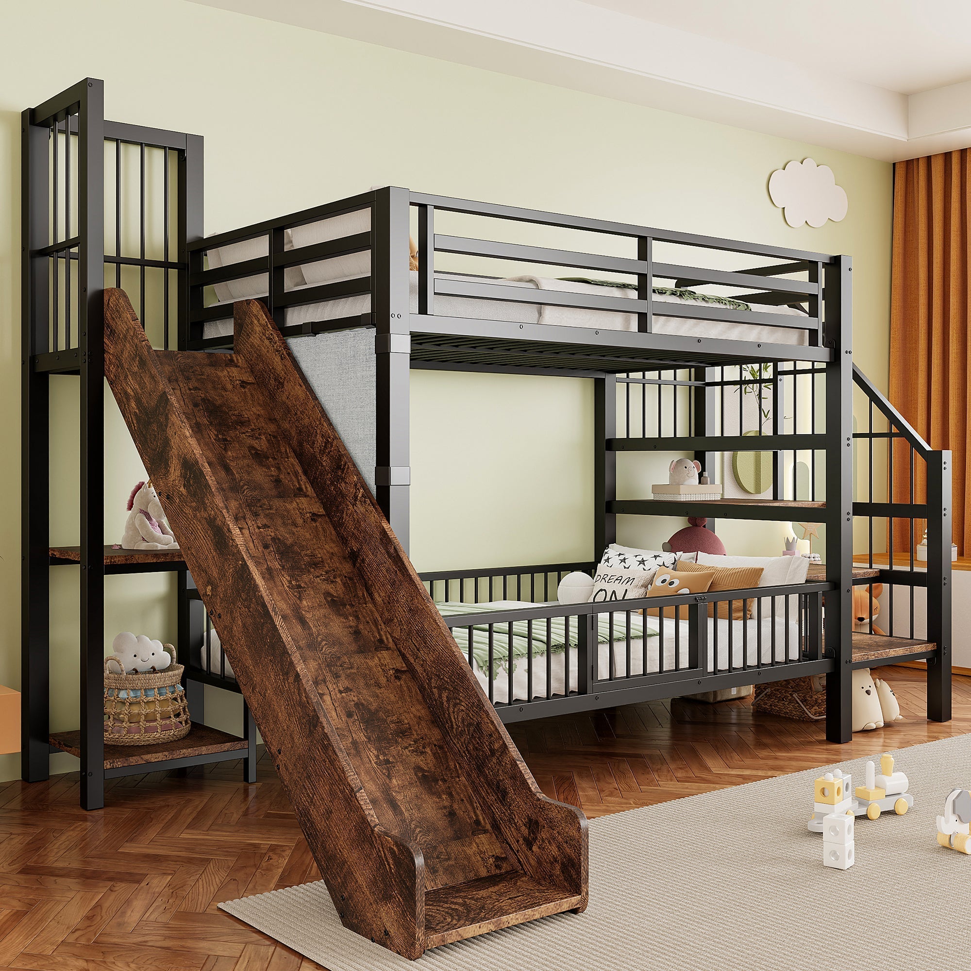 Children's Metal Loft Bed with Slide, Storage Stairs and Shelves, Black