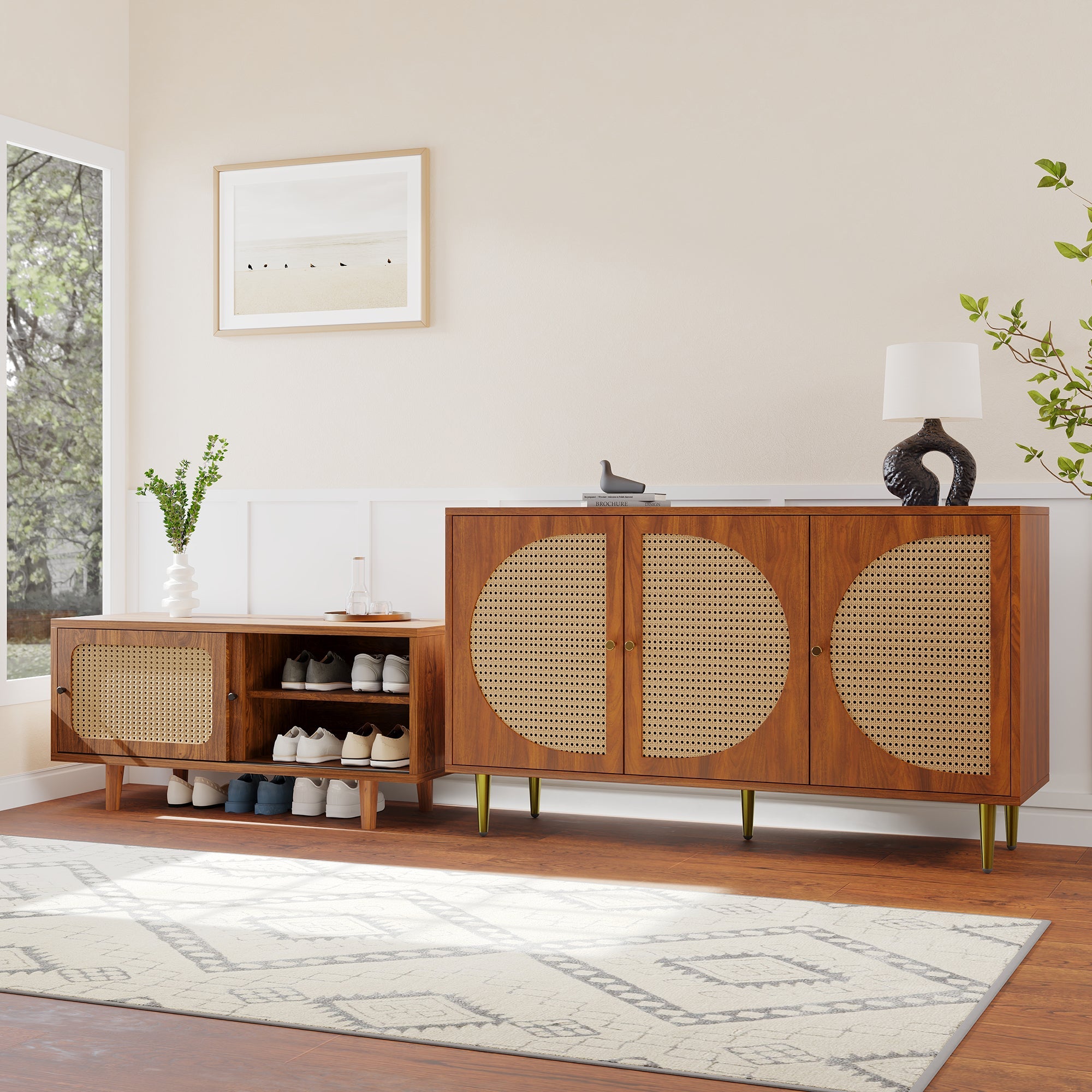 Rattan Sideboard Set, Living Room Chest & Shoe Cabinet, Walnut