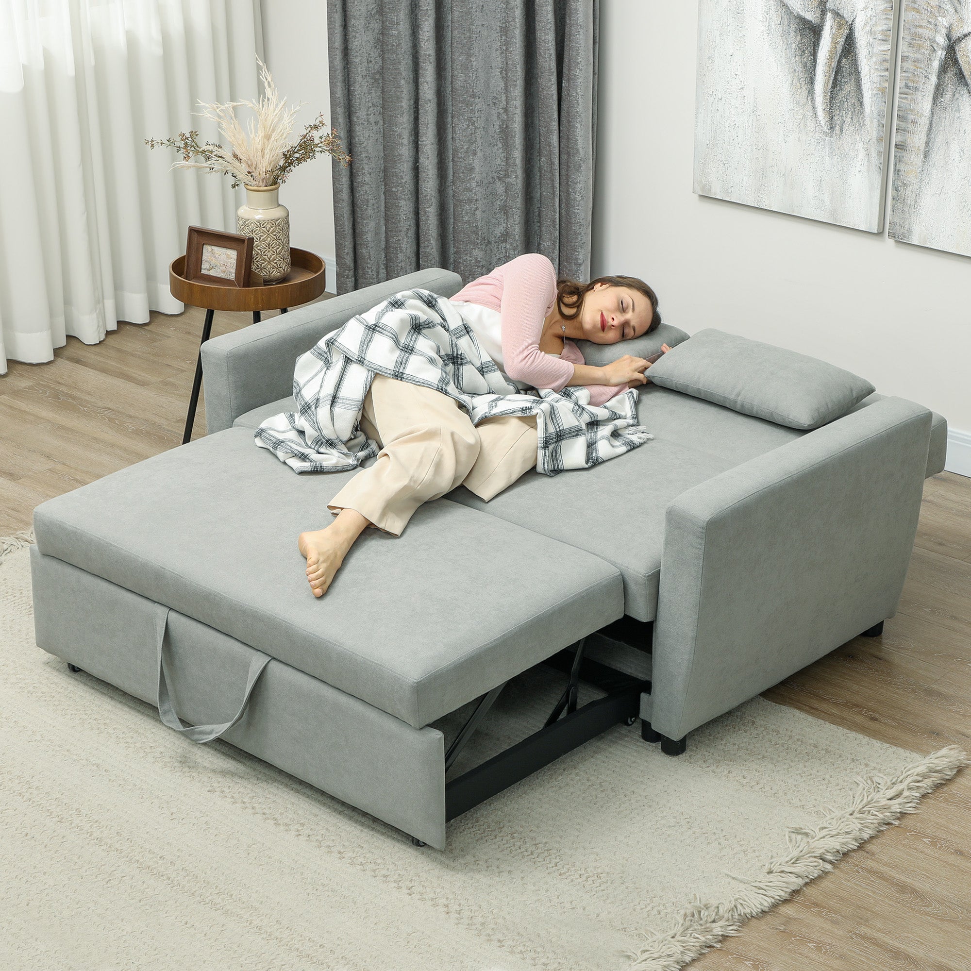 Sofa Bed 2-Seater Sleeping Function Adjustable Backrest Storage Velvet Look Light Grey