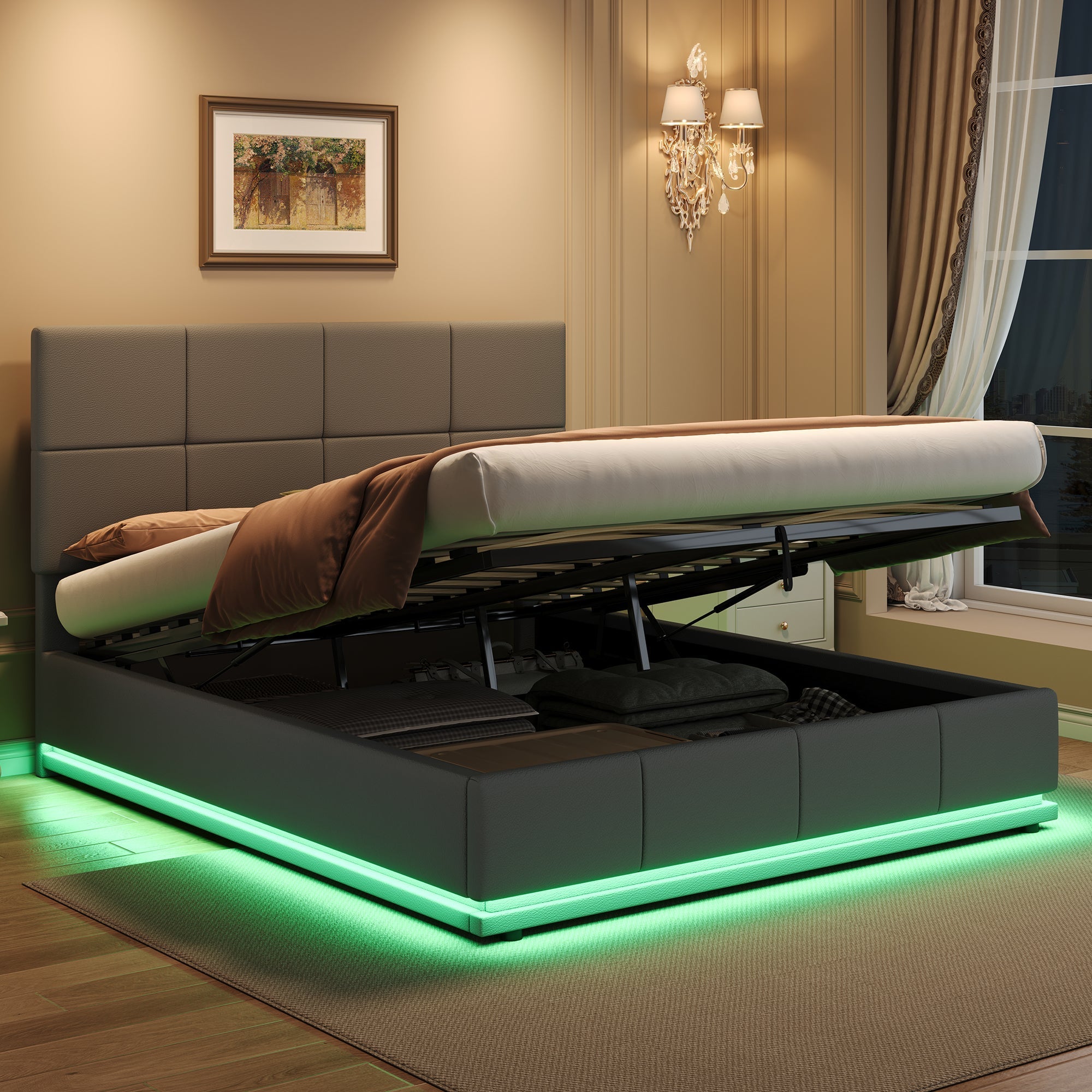 Ottoman Double Bed with LED Lighting, Hydraulic Storage, Adjustable Square Tufted Headboard, Grey PU Leather (No Mattress)