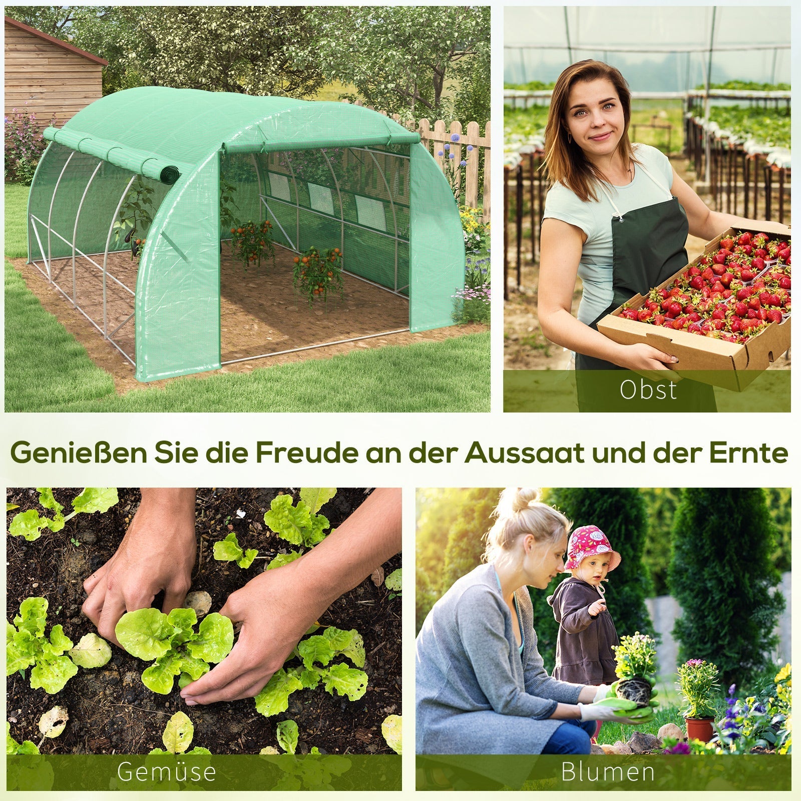 Polytunnel Foil Greenhouse 3.97x3x2m Walk-in UV Protection Roll-up Covers, Green Steel