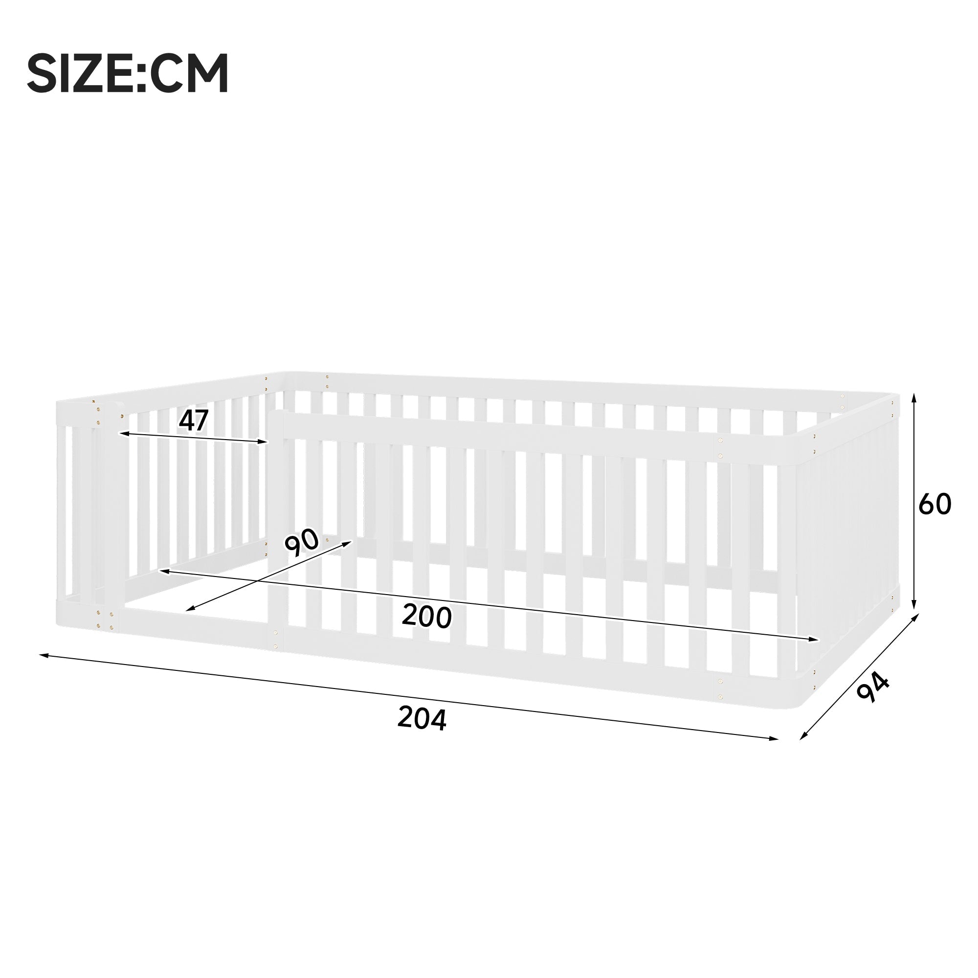 Wooden Bed Frame with Safety Fence, 90x200cm, White Pine Wood