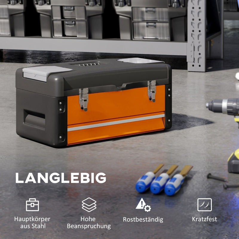 Tool Box with Drawer, Storage Compartment, Steel, Orange
