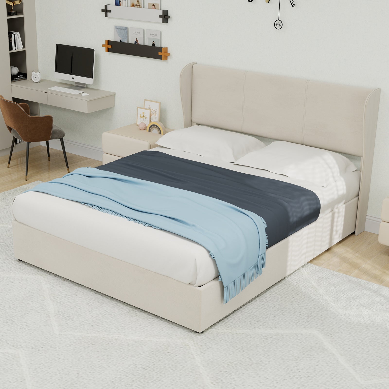 Modern Minimalist Upholstered Bed, 140x200 cm with Gas Lift Storage and Headboard, Beige