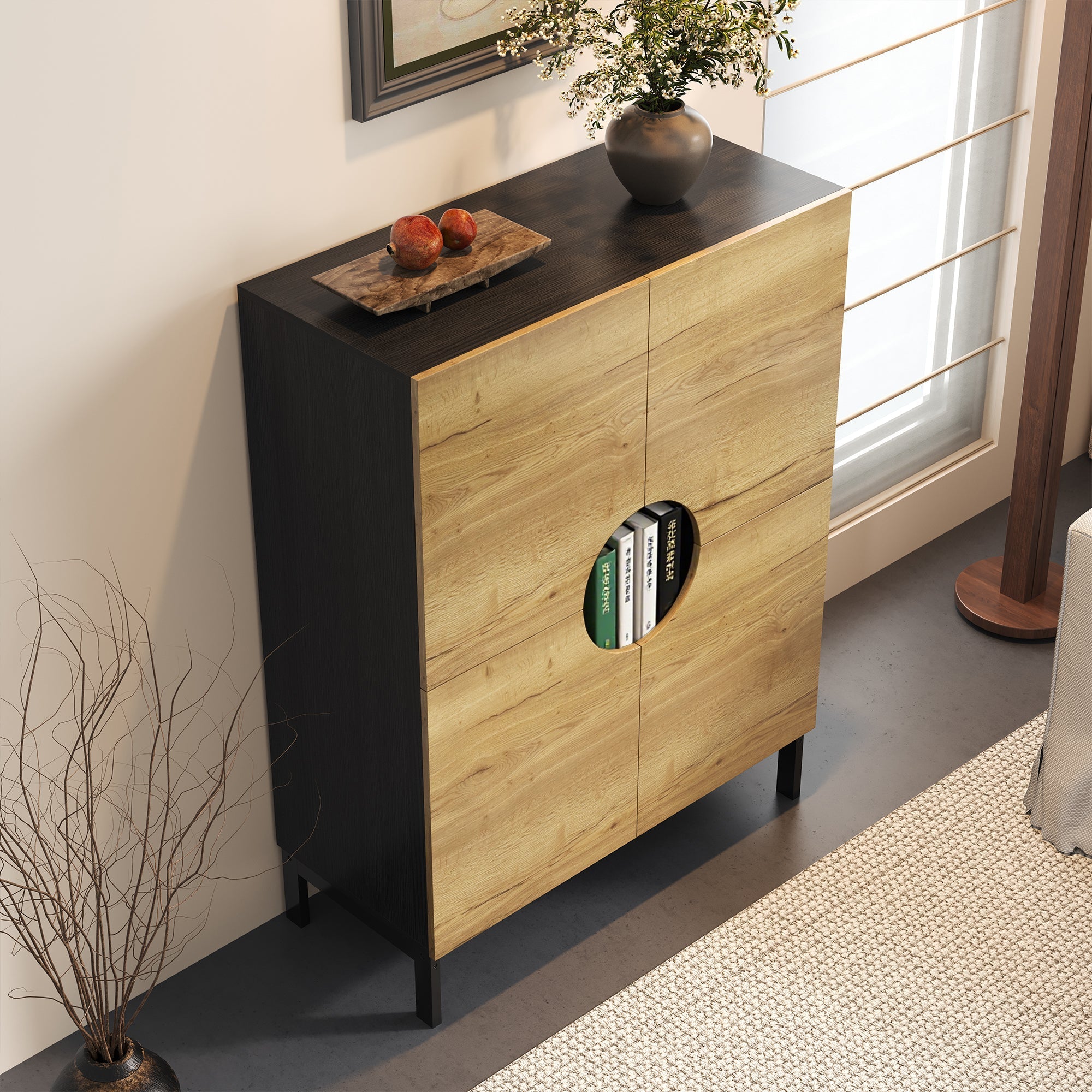 Shoe Cabinet & Display Cabinet 2-in-1, Adjustable Shelves, Solid Wood Legs, Wood Color