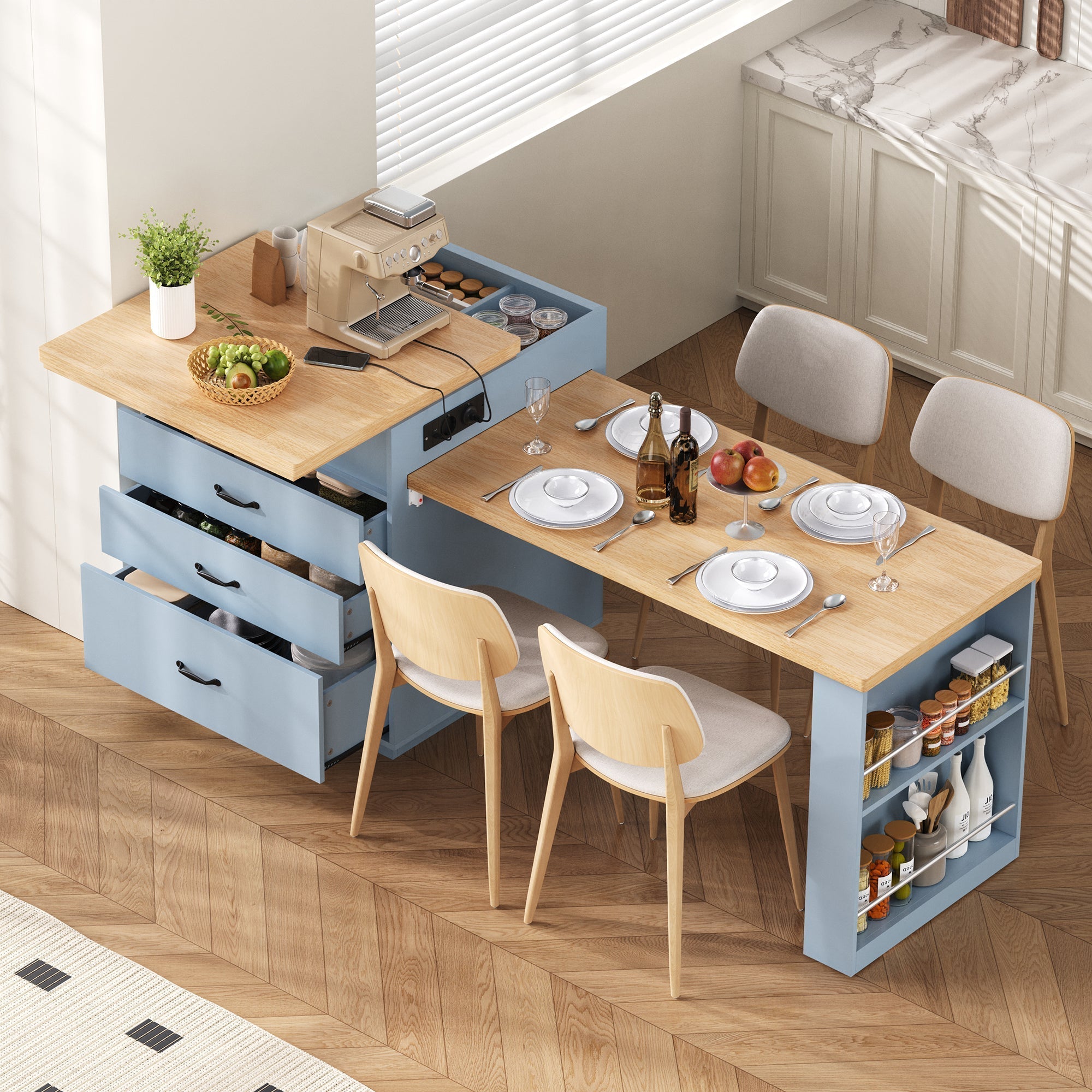Kitchen Island Extendable Dining Table with LED & Power Strips - Blue