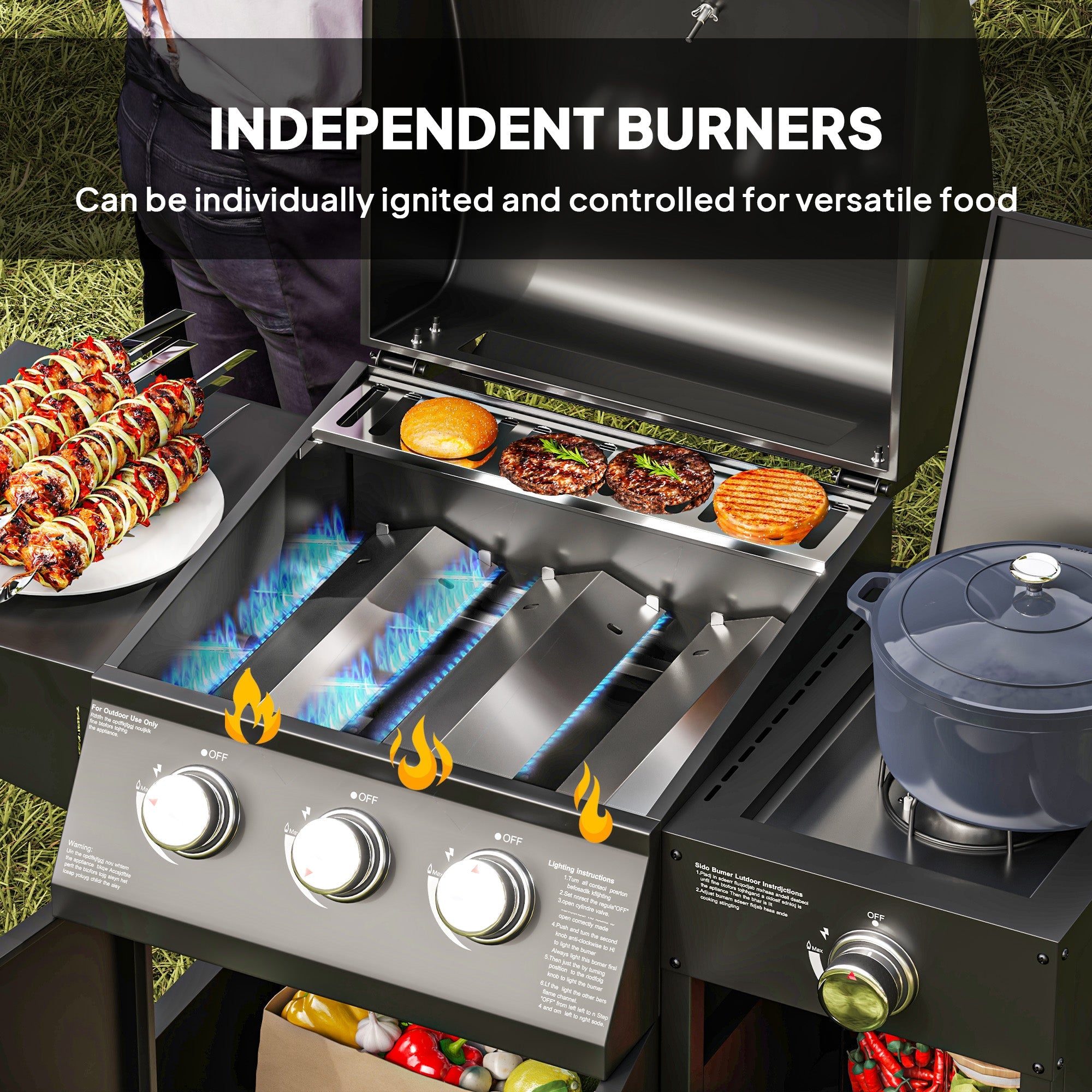 3+1 Burner Gas BBQ Grill, 9.5 kW with Storage Cabinet and 6 Castor Wheels, Black