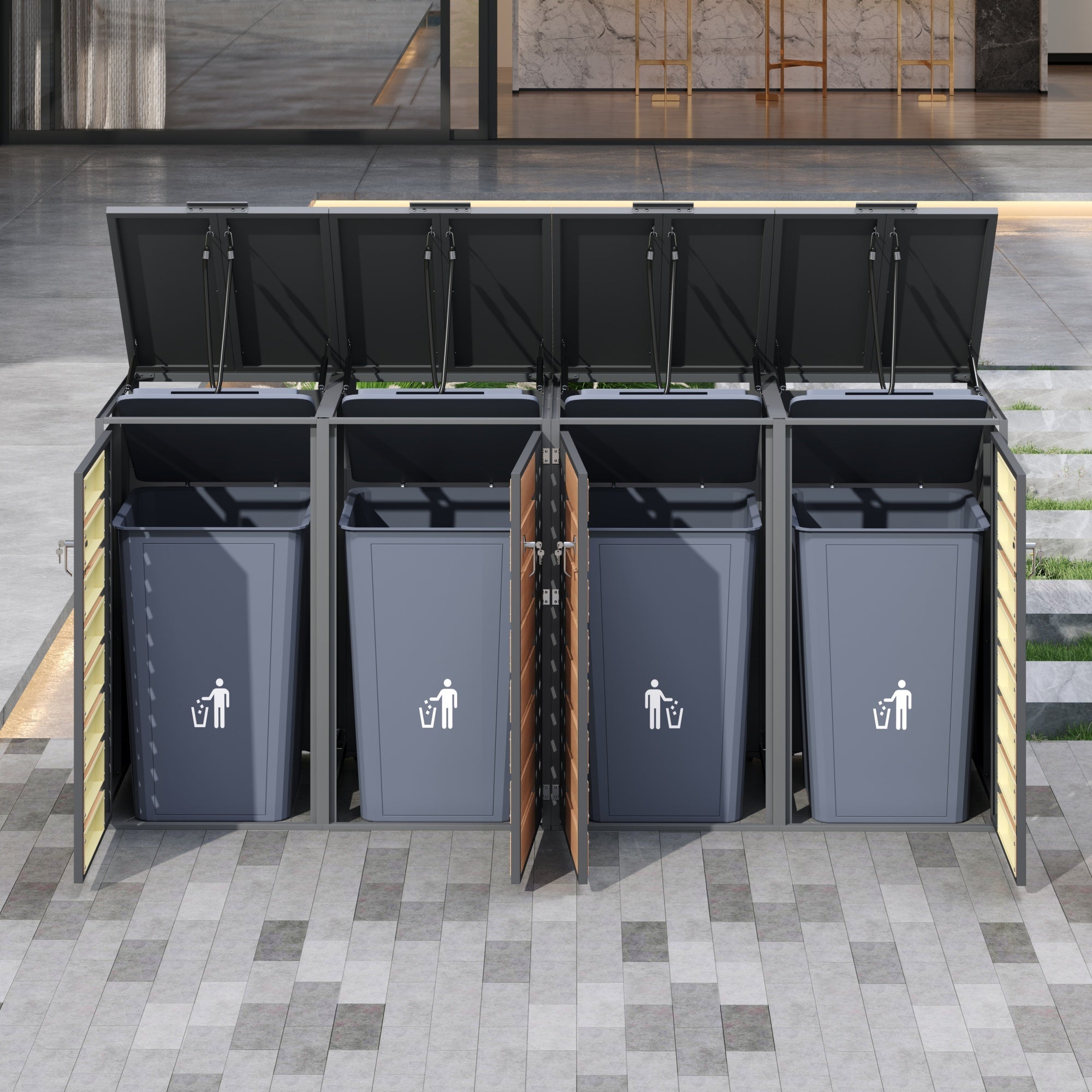 Garbage Can Storage Box with Hinged Lid, Lockable Four Doors, and Diamond-Shaped Hollow Panels, Metal