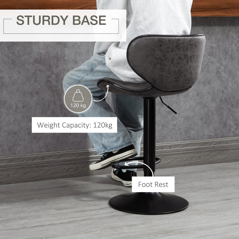 Adjustable Bar Stools Set of 2, Swivel Upholstered with Back and Footrest, Dark Grey Leathaire