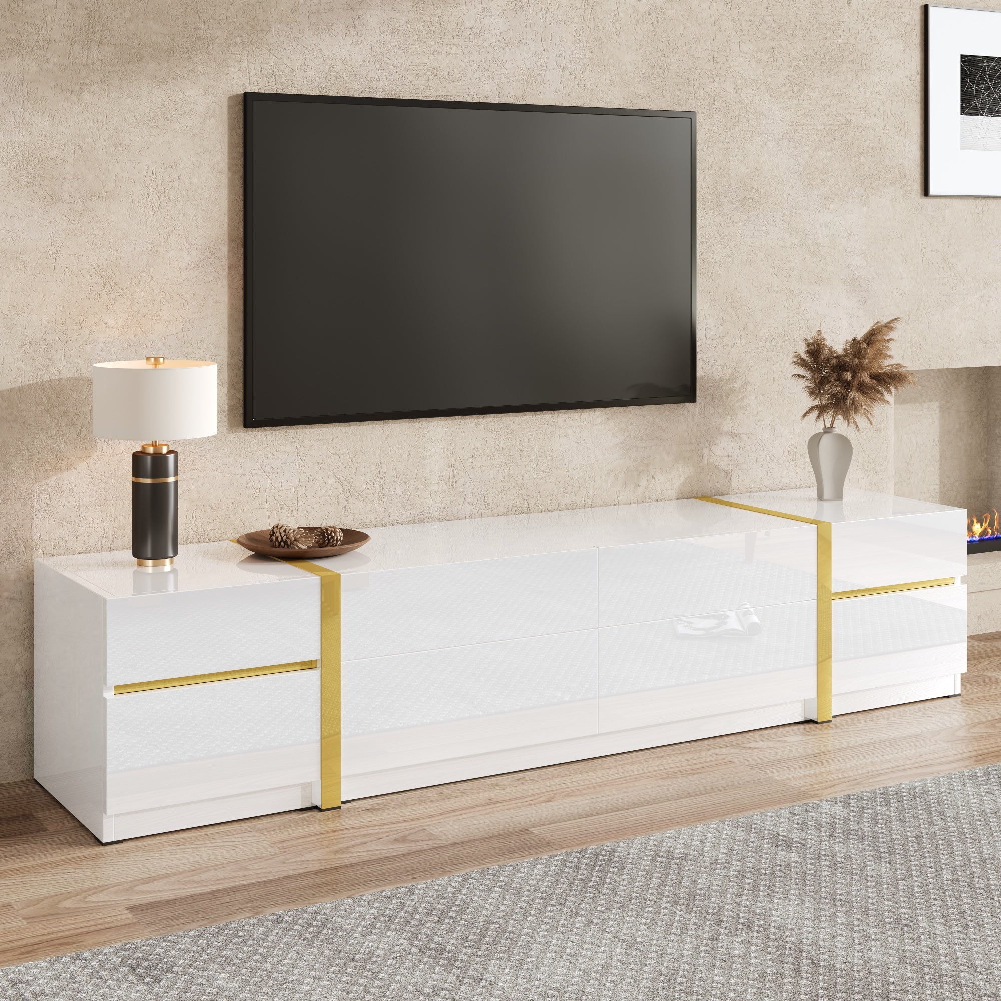 Luxurious TV Stand with Drawers and Doors, Modern Style, White High-Gloss and Gold