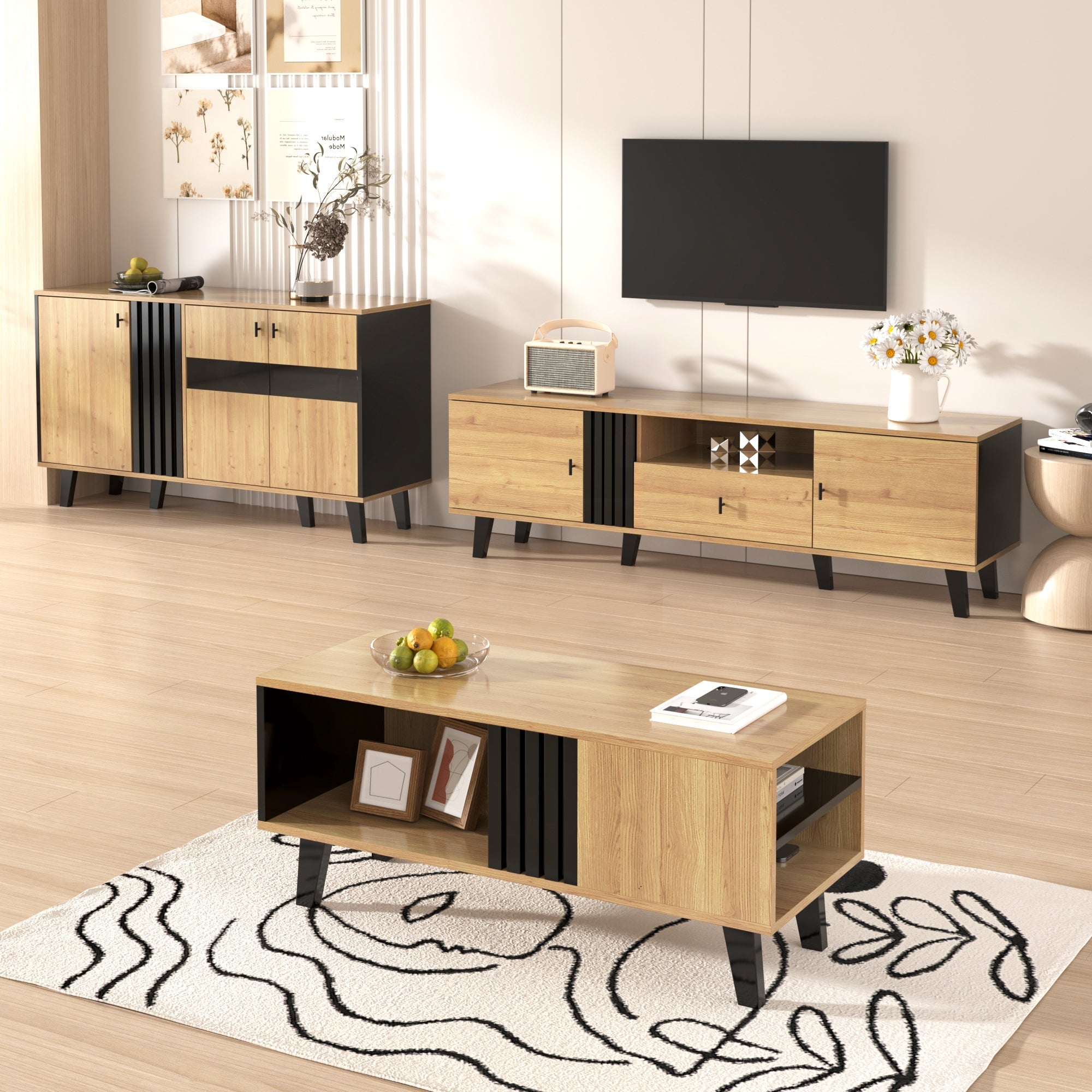 Living Room Furniture Set - Coffee Table, TV Cabinet & Sideboard, Modern, Wood & Black