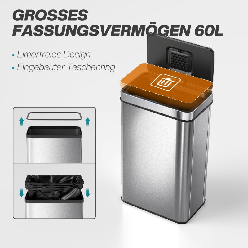 Sensor-Activated Waste Bin, 60L Automatic Lid, Stainless Steel, Silver-Colored