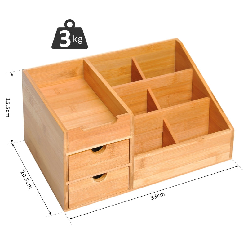 Desk Organiser Holder, Multi-Function 7 Compartments 2 Drawers Storage Caddy, Natural Bamboo